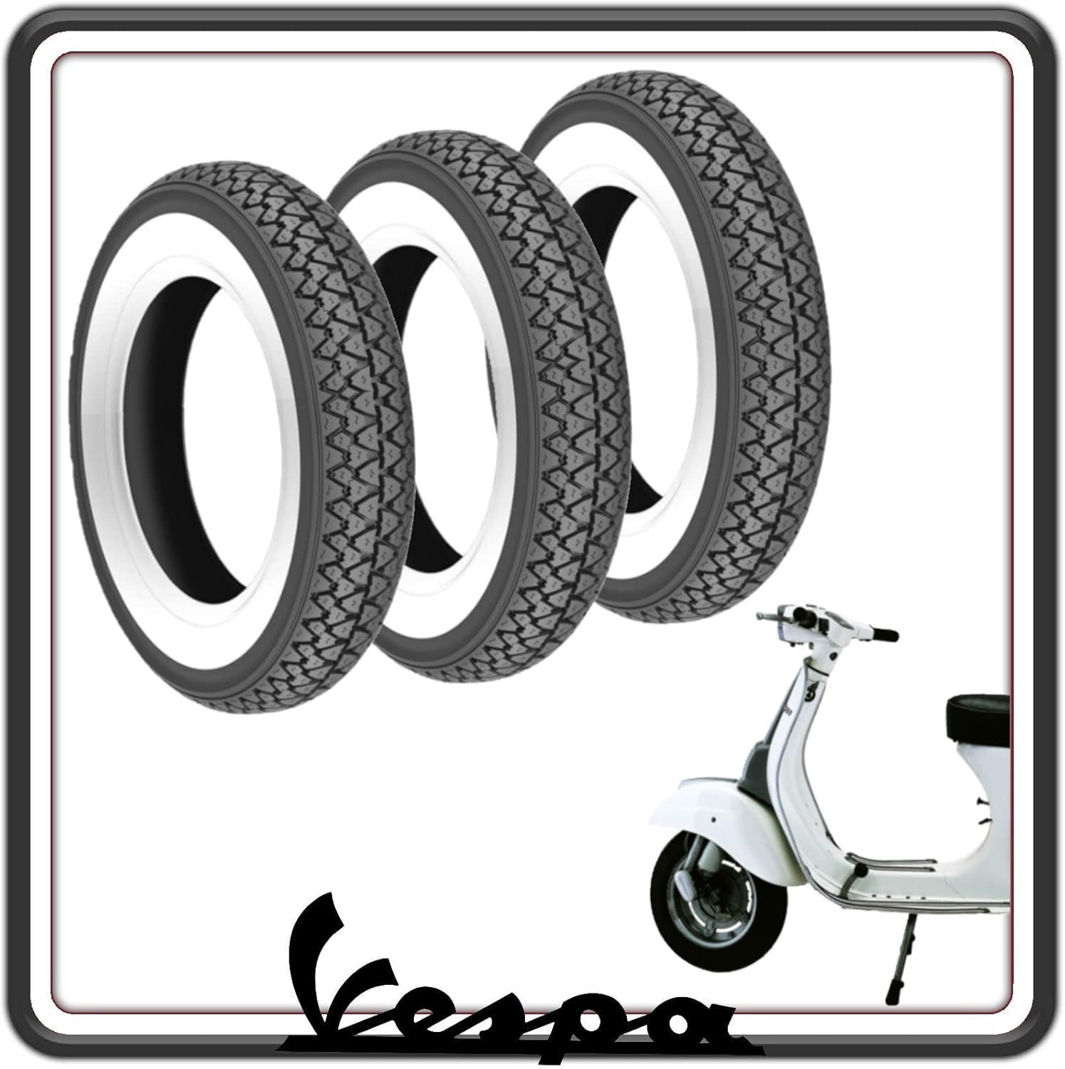 KIT TRE PNEUMATICO PNEUMATICI COPERTONE COPERTONI GOMMA GOMME 3.00 - 10 COMPATIBILI PER PIAGGIO VESPA 125 PRIMAVERA - VESPA 50 SPECIAL - VESPA PK CON FASCIA BORDO BIANCA BIANCO.