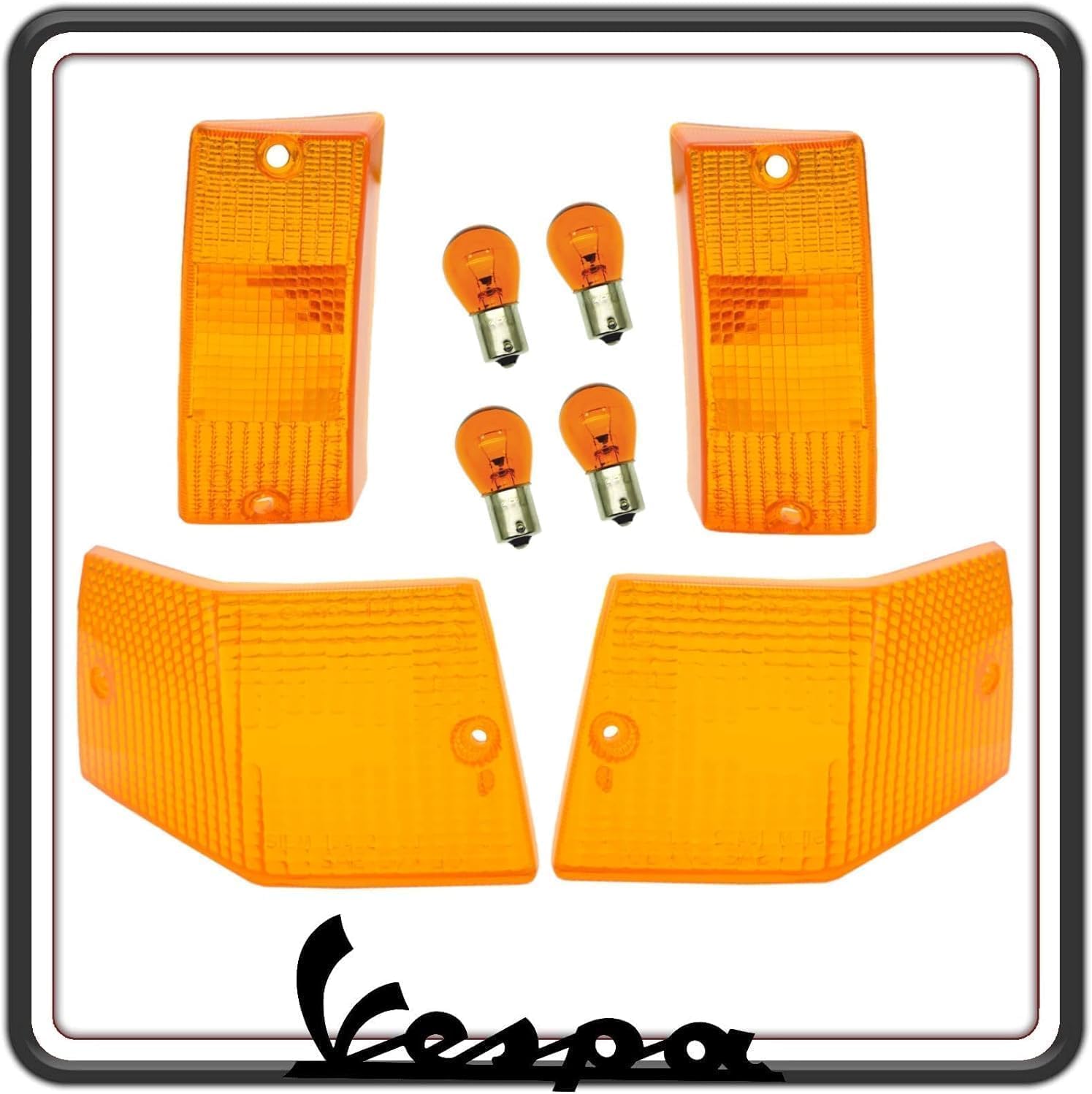 KIT COPPIA SET 4 GEMME GEMMA PLASTICA PLASTICHE VETRINO FRECCIA ANTERIORI E POSTERIORI ARANCIO COMPLETO DI LAMPADINE COMPATIBILE PER VESPA PX 125 150 200 - VESPA ARCOBALENO - VESPA LML.