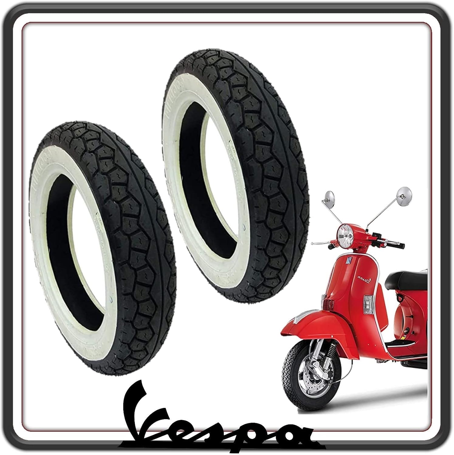 KIT DUE PNEUMATICO PNEUMATICI COPERTONE COPERTONI GOMMA GOMME BATTISTRADA COPERTURA COPERTURE 3.50 -10 PER VESPA PX TUTTI I MODELLI - VESPONE - VESPA ARCOBALENO CON FASCIA BORDO BIANCO.