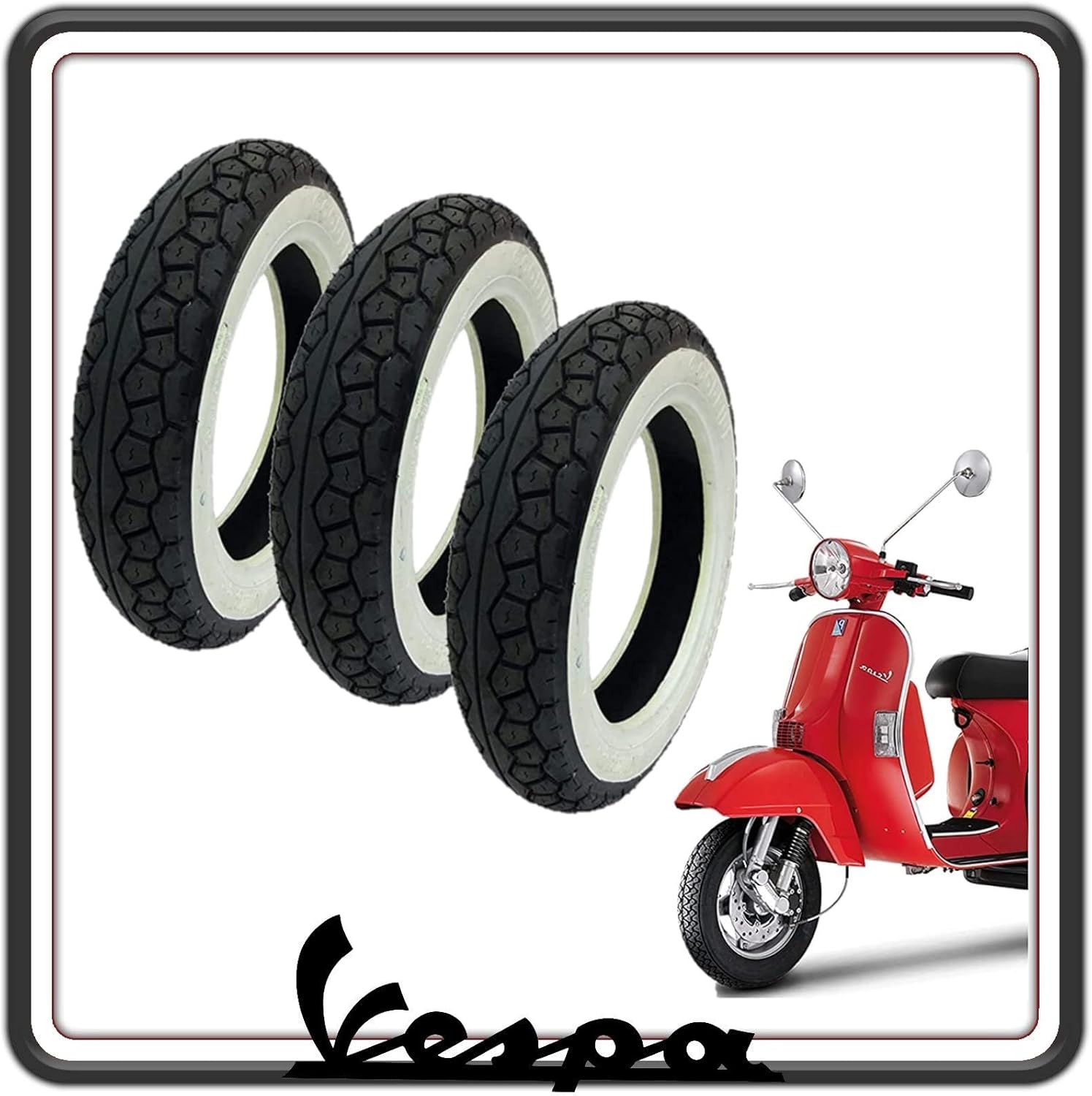 KIT TRE PNEUMATICO PNEUMATICI COPERTONE COPERTONI GOMMA GOMME BATTISTRADA COPERTURA COPERTURE 3.50 -10 PER VESPA PX TUTTI I MODELLI - VESPONE - VESPA ARCOBALENO CON FASCIA BORDO BIANCO.