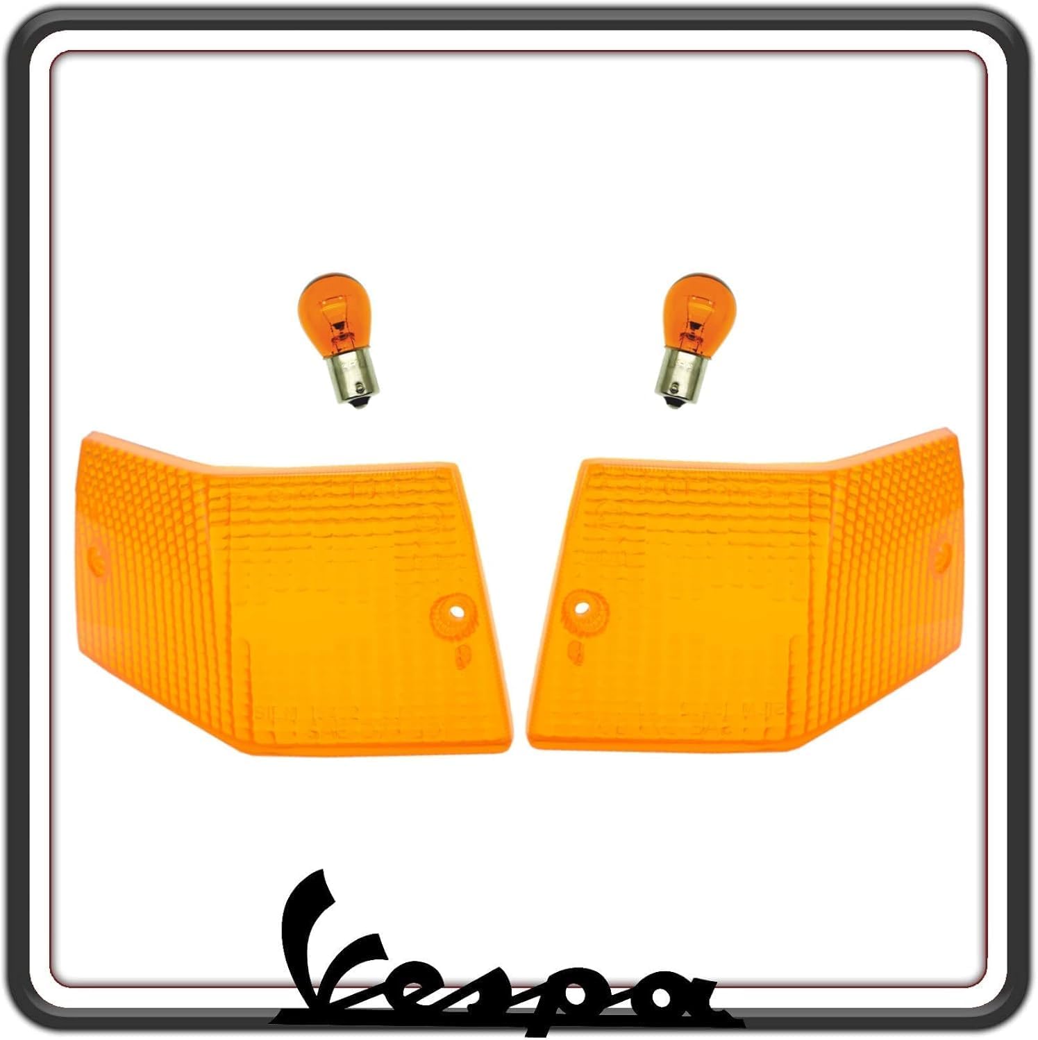 KIT COPPIA DUE GEMMA GEMME PLASTICA PLASTICHE VETRINO FRECCIA POSTERIORI ARANCIO COMPLETO DI LAMPADINE COMPATIBILE PER VESPA PX 125 150 200 - VESPA ARCOBALENO