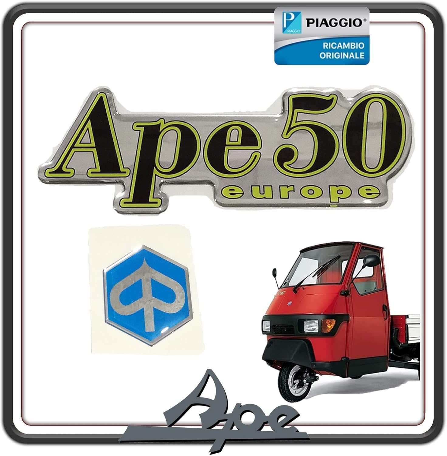 KIT 2 LOGO TARGHETTA SCUDETTO ADESIVO FRONTALE ANTERIORE PER PIAGGIO APE 50 ORIGINALE PIAGGIO 264089 - 613927