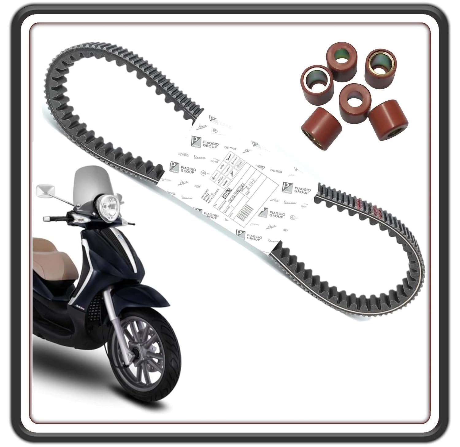 CINGHIA TRASMISSIONE DISTRIBUZIONE COMPLETA DI RULLI PER PIAGGIO BEVERLY 250 DAL 2006 IN POI - BEVERLY 300 TUTTI I MODELLI FINO AL 2020 - PIAGGIO CARNABY 250-300 ORIGINALE PIAGGIO B013360 - 849480