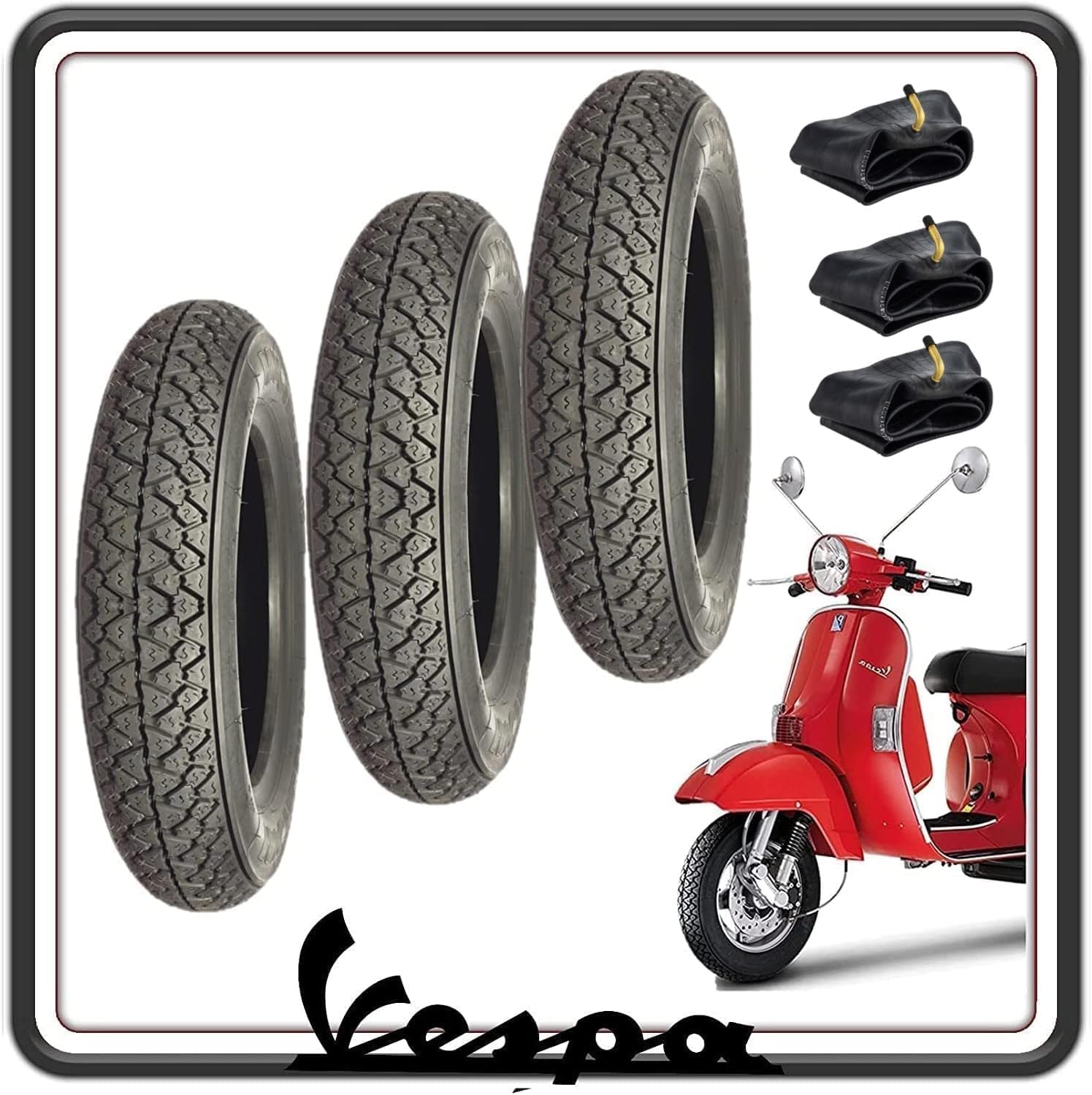KIT 3 PNEUMATICO PNEUMATICI COPERTONE COPERTONI GOMMA GOMME COPERTURE COMPATIBILI PER VESPA PX TUTTI I MODELLI - VESPONE - VESPA ARCOBALENO - APE 50 COMPLETO DI CAMERE D'ARIA.