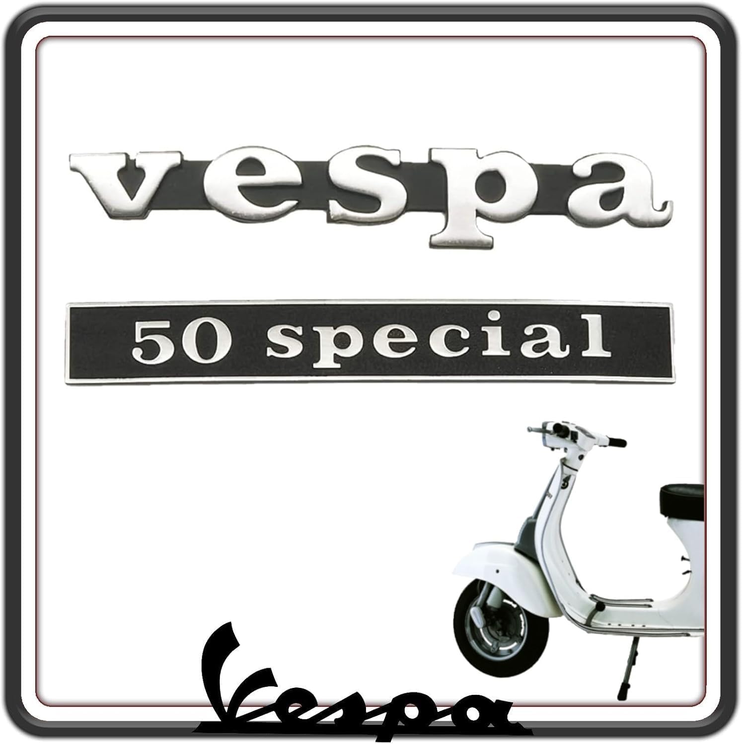 KIT 2 TARGHETTA TARGHETTE SCRITTA LOGO STEMMA POSTERIORE + TARGHETTA ANTERIORE COMPATIBILE PER PIAGGIO VESPA 50 SPECIAL.
