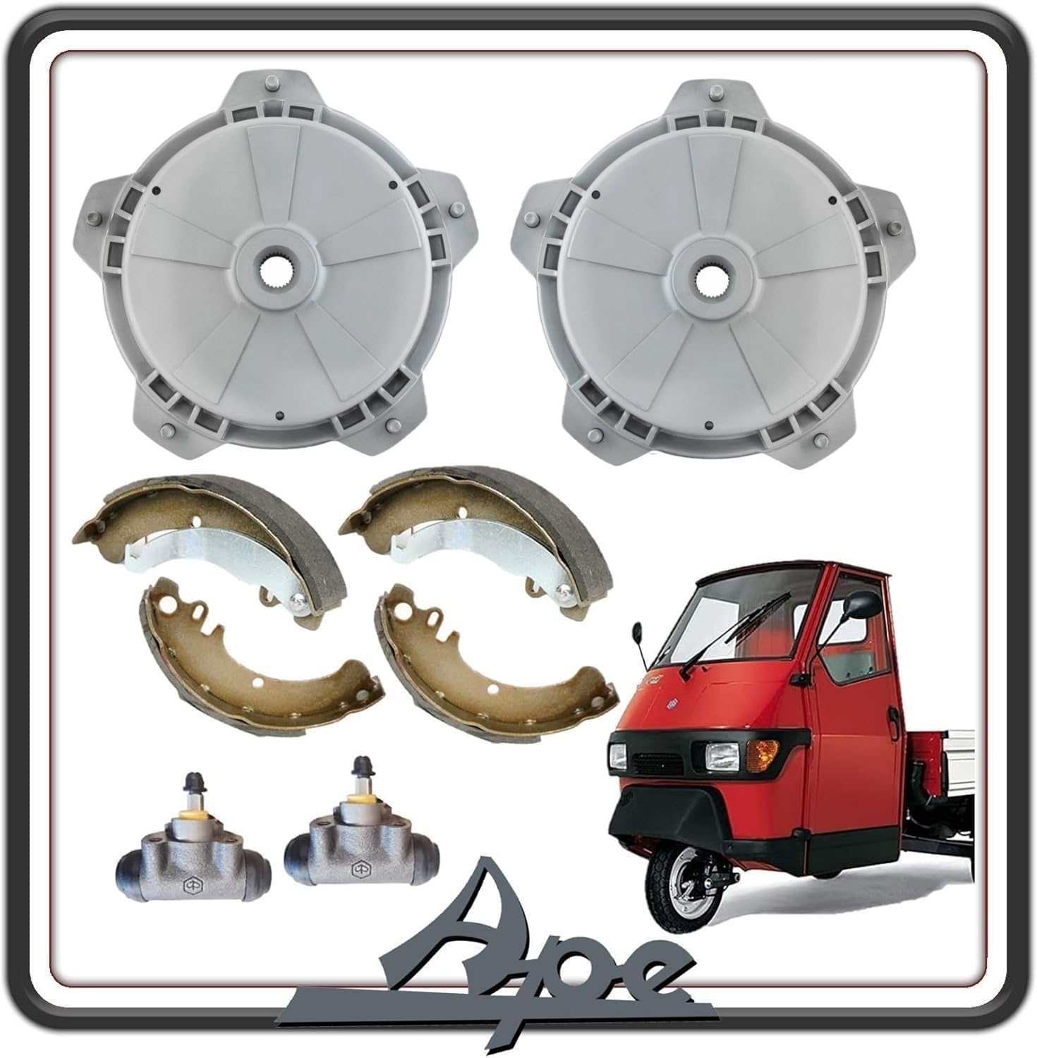 KIT 2 TAMBURO TAMBURI FRENO COMPLETO DI GANASCE CEPPI FRENO FRENI POSTERIORE POSTERIORI E 2 CILINDRETTI COMPATIBILI PER PIAGGIO APE 50 TUTTI I MODELLI.