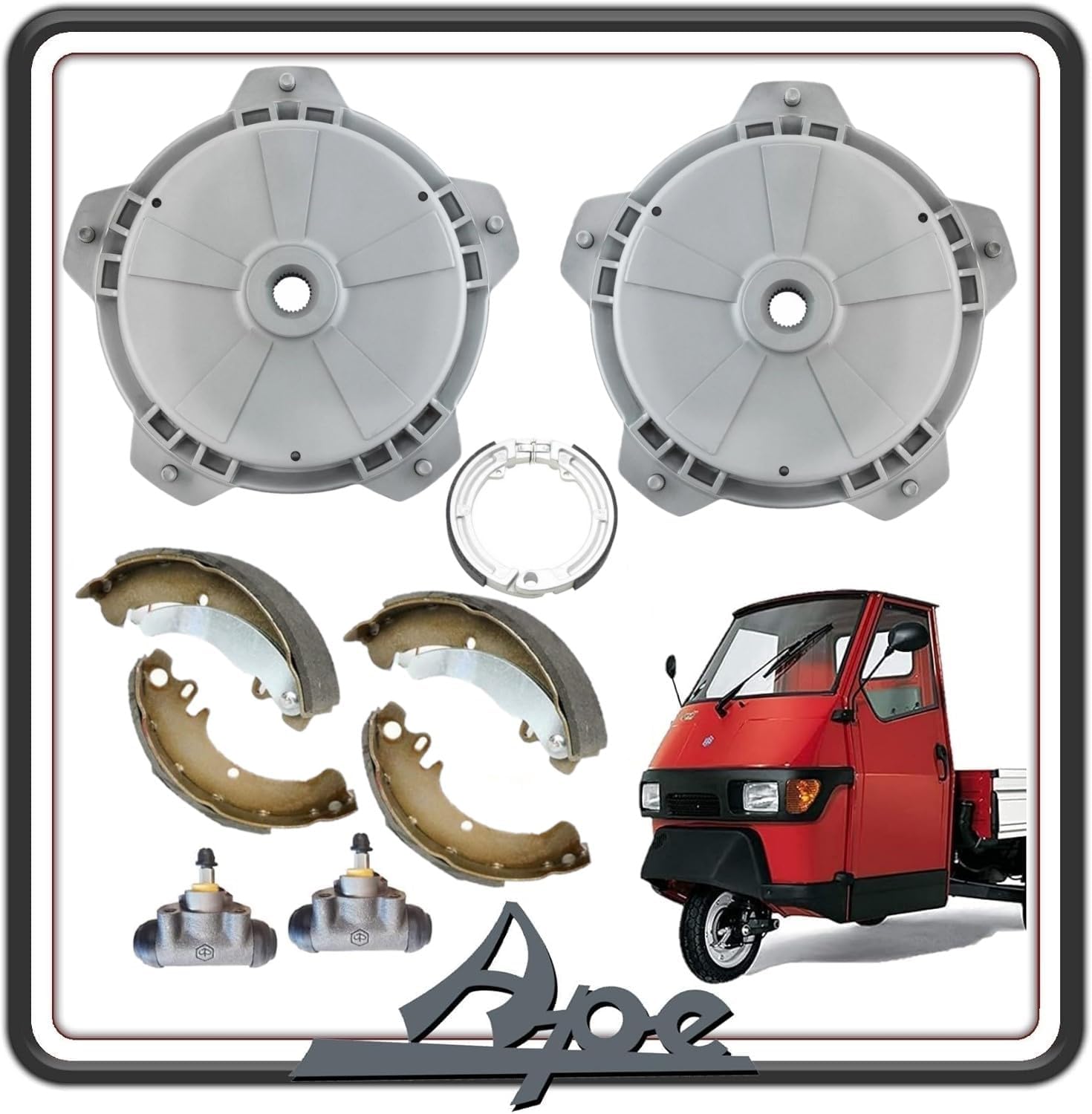 KIT 2 TAMBURO TAMBURI FRENO COMPLETO DI GANASCE CEPPI FRENO FRENI POSTERIORE POSTERIORI + GANASCE FRENO ANTERIORI E 2 CILINDRETTI COMPATIBILI PER PIAGGIO APE 50 TUTTI I MODELLI.