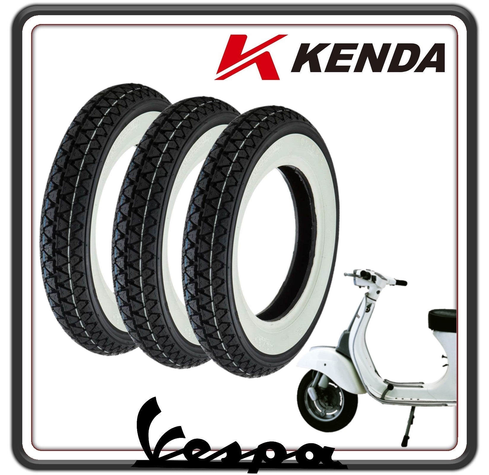 KIT TRE PNEUMATICO PNEUMATICI COPERTONE COPERTONI GOMMA GOMME 3.00 - 10 COMPATIBILI PER PIAGGIO VESPA 125 PRIMAVERA - VESPA 50 SPECIAL - VESPA PK CON FASCIA BORDO BIANCA BIANCO.