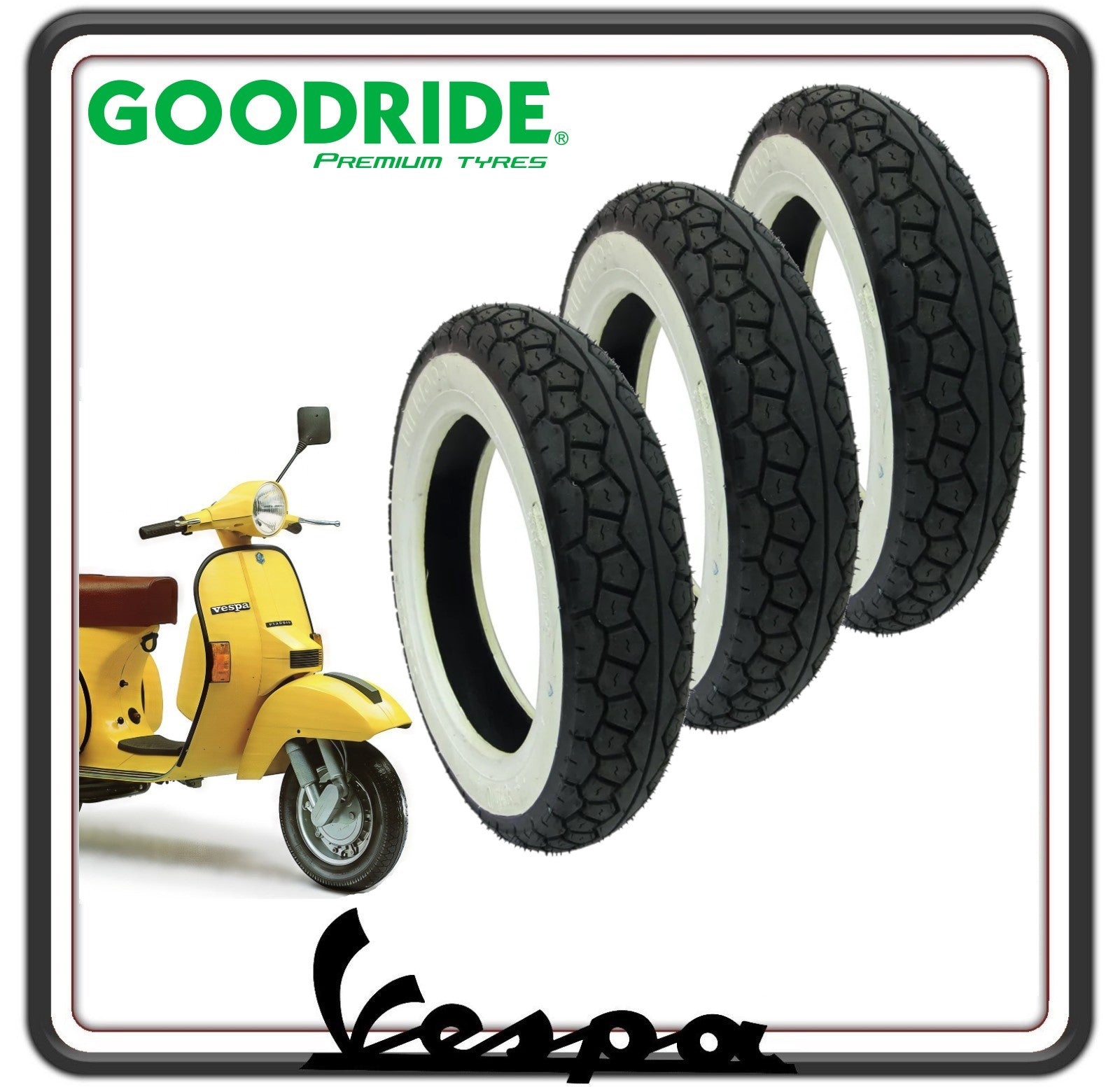 KIT TRE PNEUMATICO PNEUMATICI COPERTONE COPERTONI GOMMA GOMME BATTISTRADA COPERTURA COPERTURE 3.50 -10 PER VESPA PX TUTTI I MODELLI - VESPONE - VESPA ARCOBALENO CON FASCIA BORDO BIANCO.