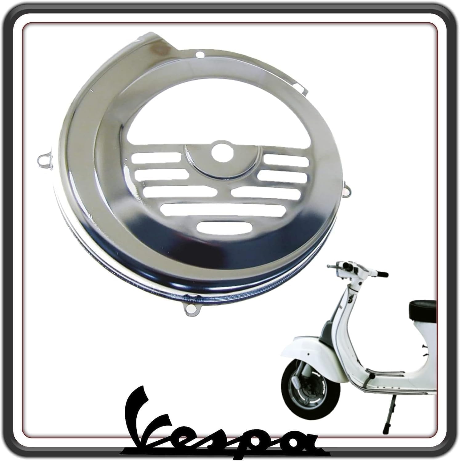 COPRIVENTOLA COPRI VENTOLA COPERCHIO VENTOLA COPRIVOLANO COPRI VOLANO CROMATO COMPATIBILE ADATTABILE PER PIAGGIO VESPA 50 - VESPA 50 SPECIAL - VESPA 90 - VESPA ET3 125 PRIMAVERA.
