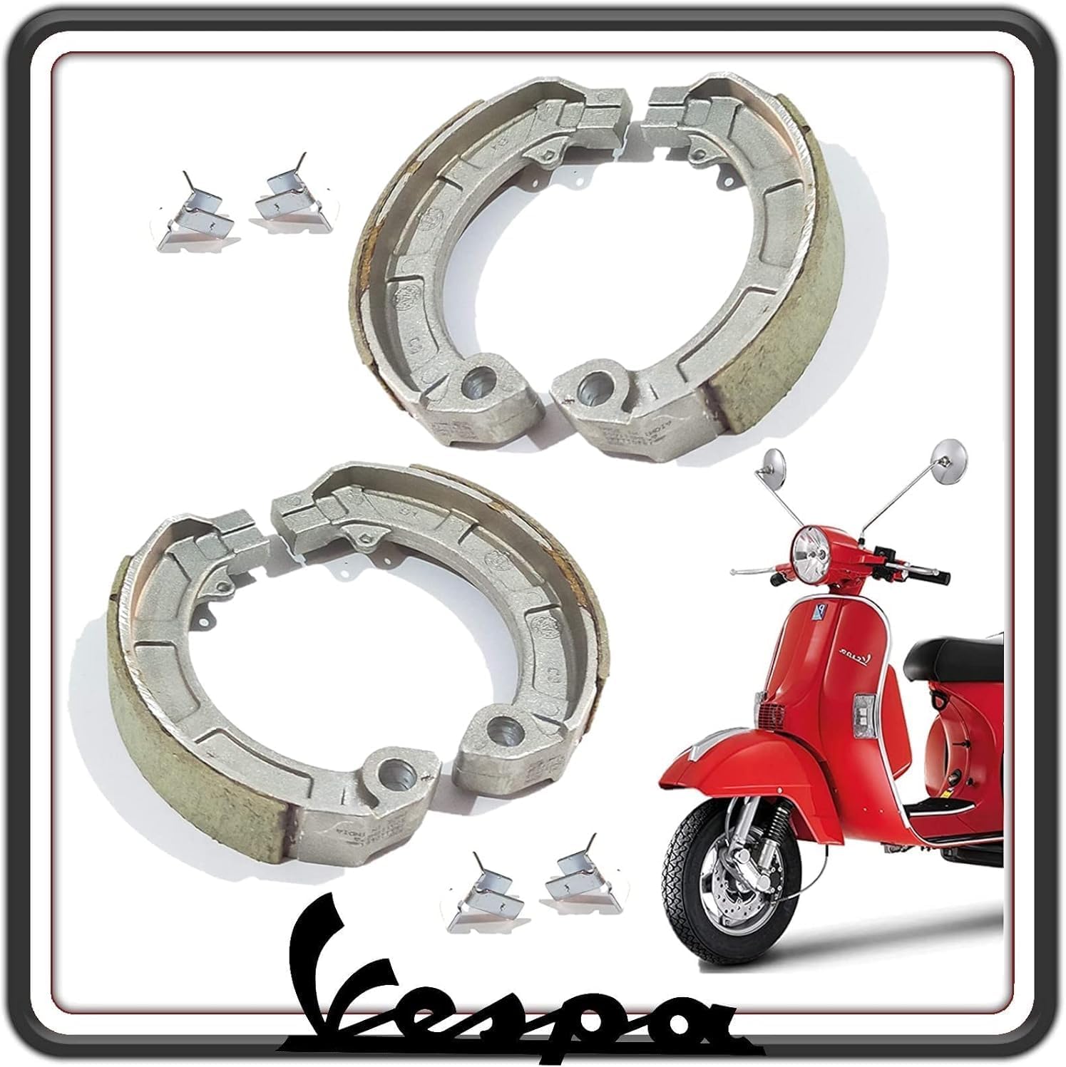 KIT GANASCE CEPPI FRENO FRENI ANTERIORI E POSTERIORI COMPATIBILI PER PIAGGIO VESPA PX 125-150 - 200 - VESPA ARCOBALENO TUTTI I MODELLI.