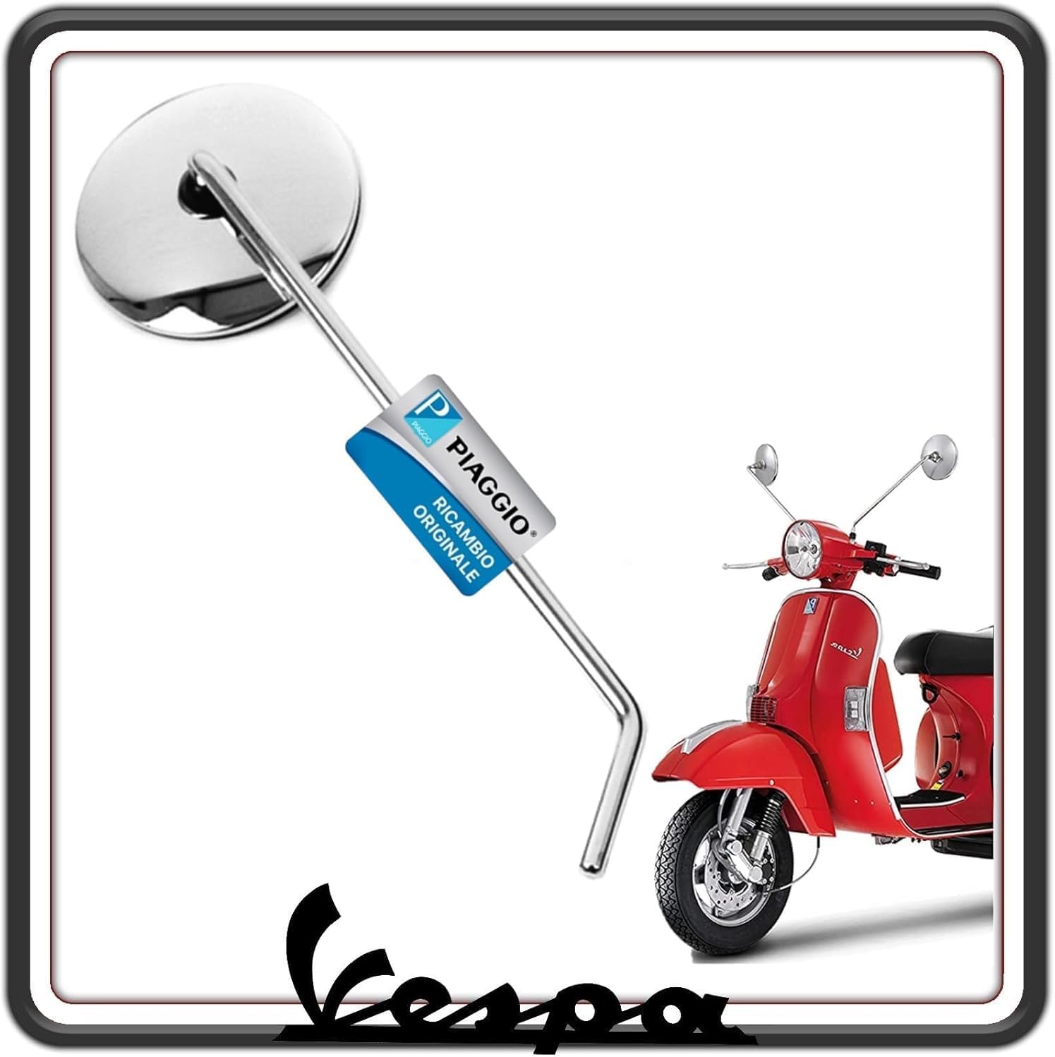 SPECCHIO SPECCHIETTO RETROVISORE LATO DESTRO CROMATO PER PIAGGIO VESPA PX SOLO CON FRENO A DISCO (1998-2018) COMPLETO DI SUPPORTO PERNO MONTAGGIO ORIGINALE PIAGGIO