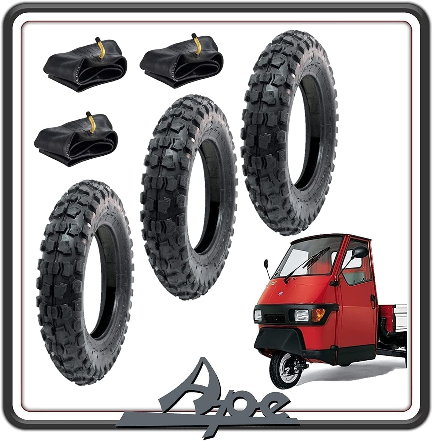KIT TRE GOMME COPERTONE COPERTONI PNEUMATICI BATTISTRADA COPERTURA COPERTURE TASSELLATE COMPATIBILI PER PIAGGIO APE 50 TUTTI I MODELLI COMPLETI DI CAMERA D'ARIA 100-90-10 TASSELLATE