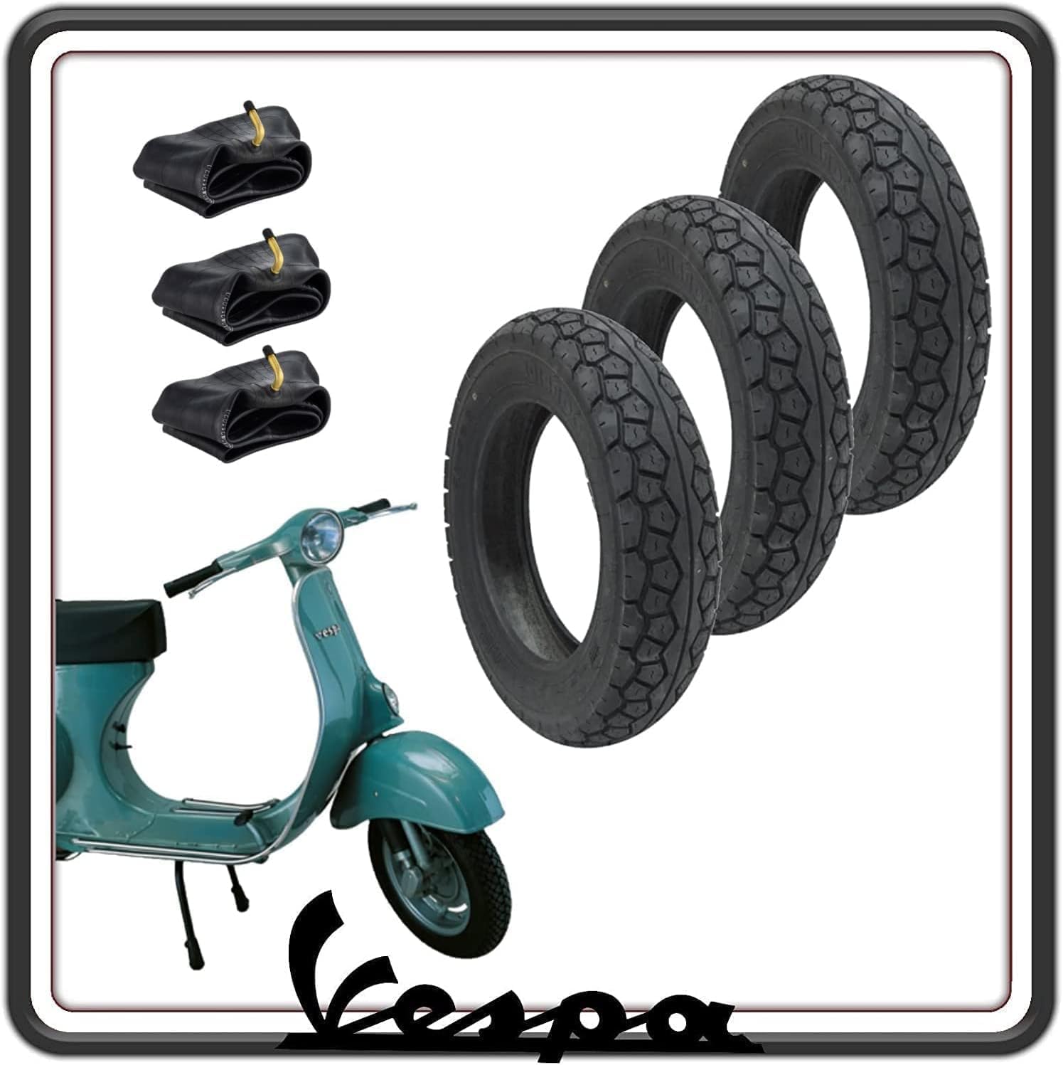 KIT 3 GOMME COPERTONE COPERTONI PNEUMATICO PNEUMATICI MISURA 2.75-9 COMPATIBILI CON PIAGGIO VESPA 50 N - L - R VERSIONE CON FARO TONDO COMPLETE DI 3 CAMERE D'ARIA INCLUSE