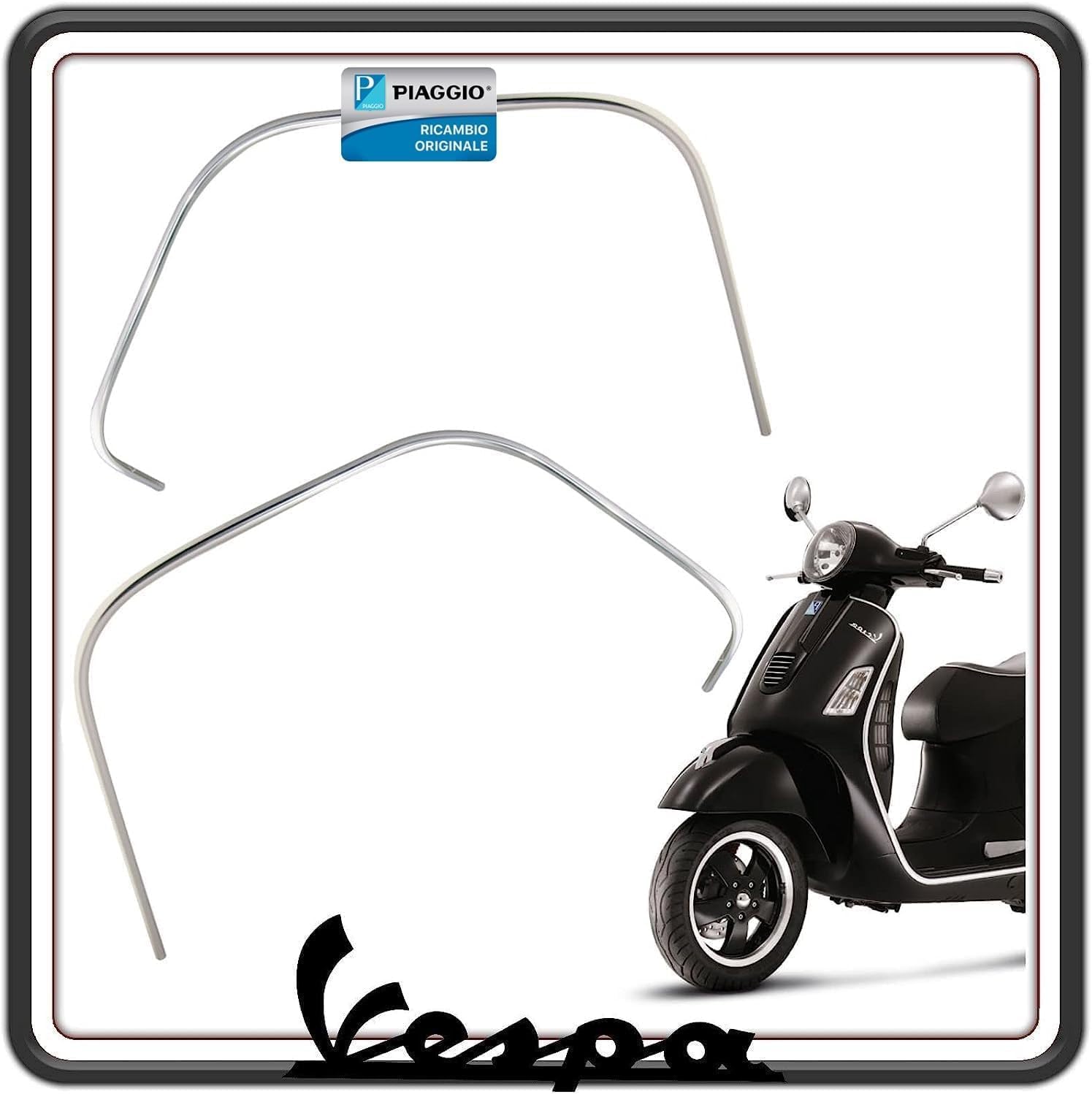 KIT COPPIA DUE BORDO BORDINO BORDINI PROTEZIONE SCUDO CROMATI LATO SINISTRO E DESTRO PER PIAGGIO VESPA GTS 125 200 250 300 - VESPA GTV 125 200 250 300 - VESPA GT 125 200 250 300 ORIGINALE PIAGGIO 577181-577180