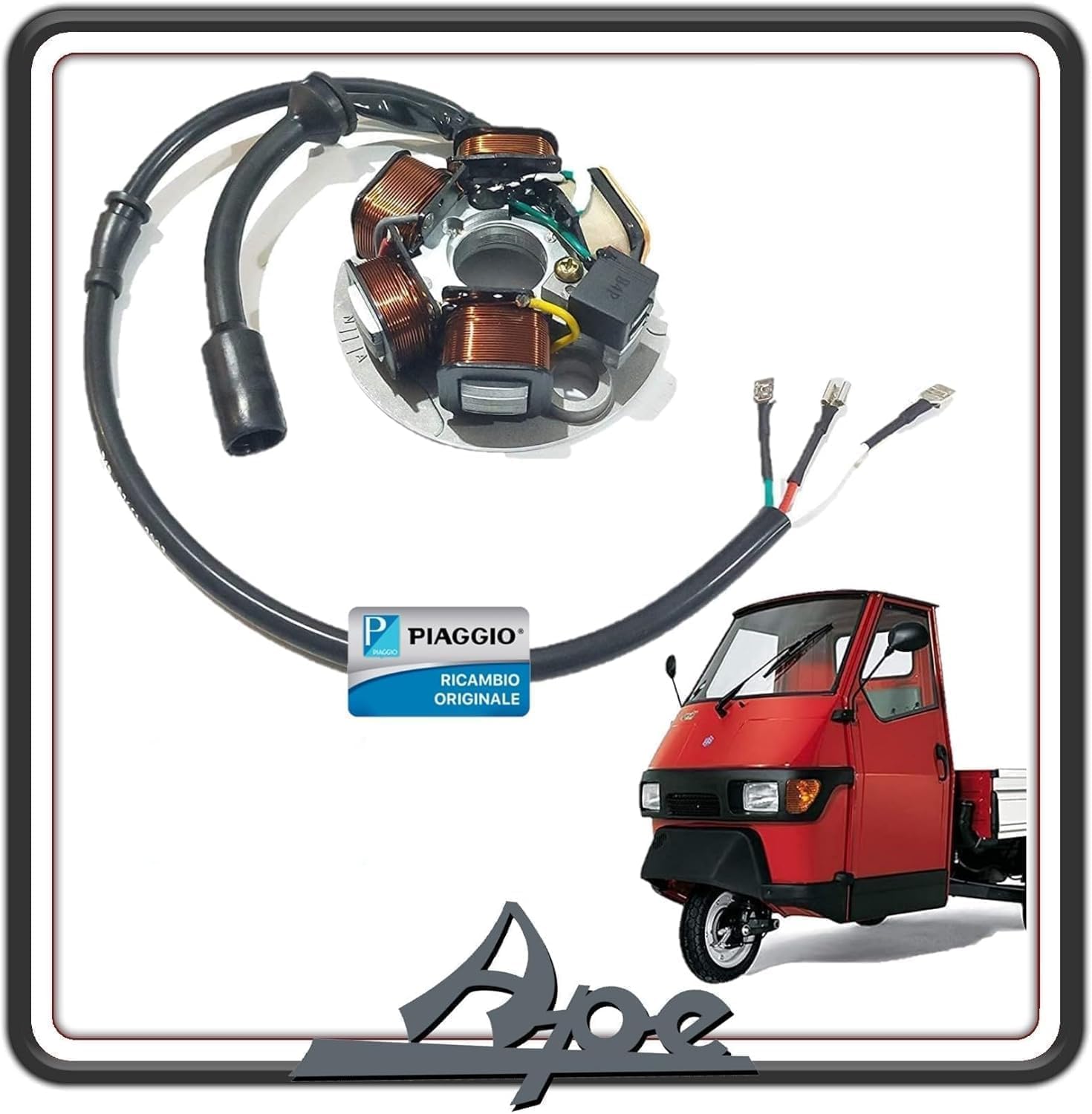 STATORE MAGNETE VOLANO GENERATORE DI CORRENTE 5 BOBINE COMPLETO PIAGGIO APE 50 FL FL2 - APE 50 FL3 EUROPA - APE 50 MIX 2T - APE 50 RST MIX (APE 50 TUTTI I MODELLI DAL 1989 AL 2017) ORIGINALE PIAGGIO 497651