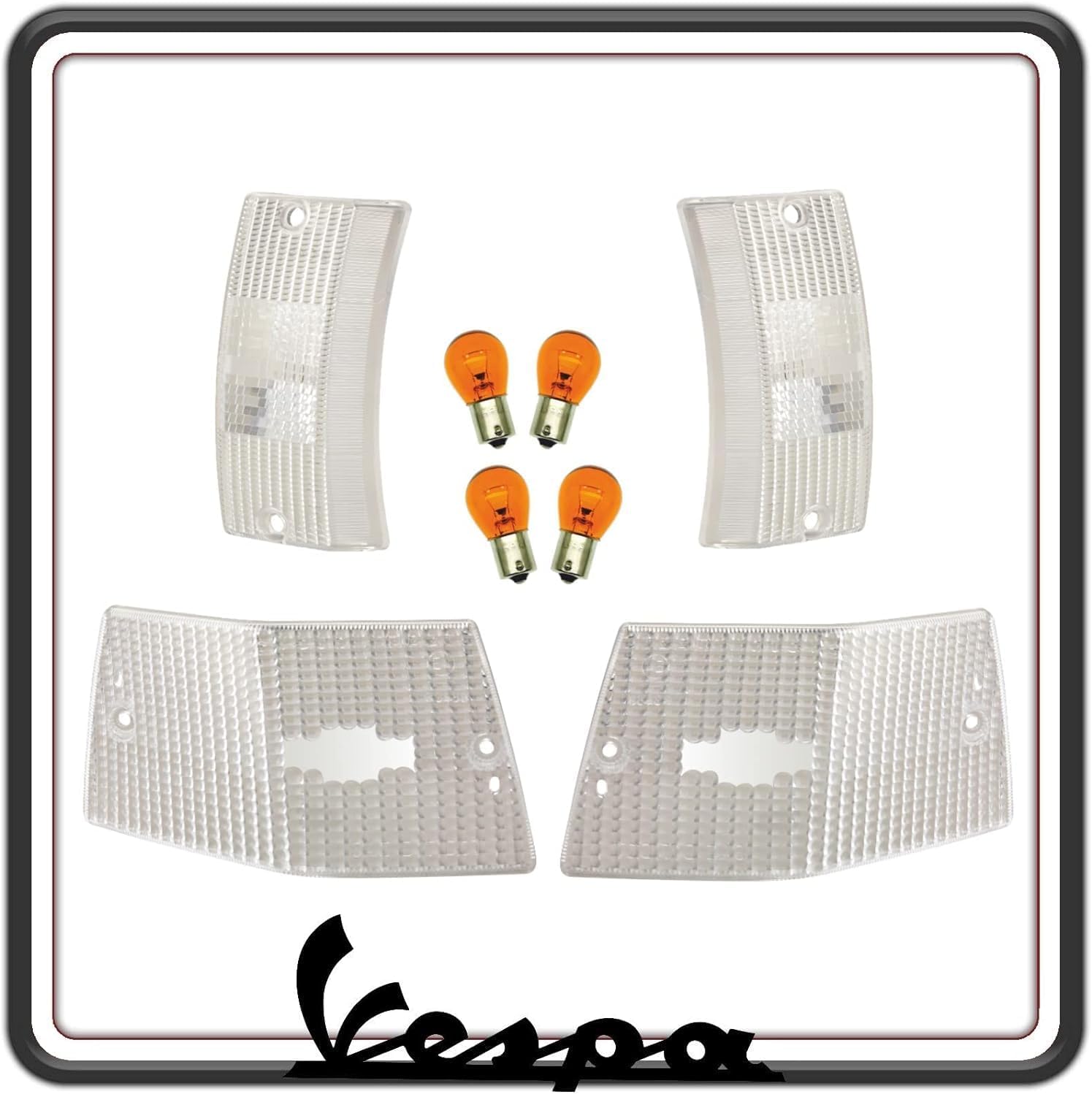 KIT 4 GEMMA GEMME PLASTICA PLASTICHE VETRINO FRECCIA ANTERIORI E POSTERIORI BIANCHE COMPLETO DI LAMPADINE PER VESPA PX 125 150 200 - VESPA ARCOBALENO - VESPA LML