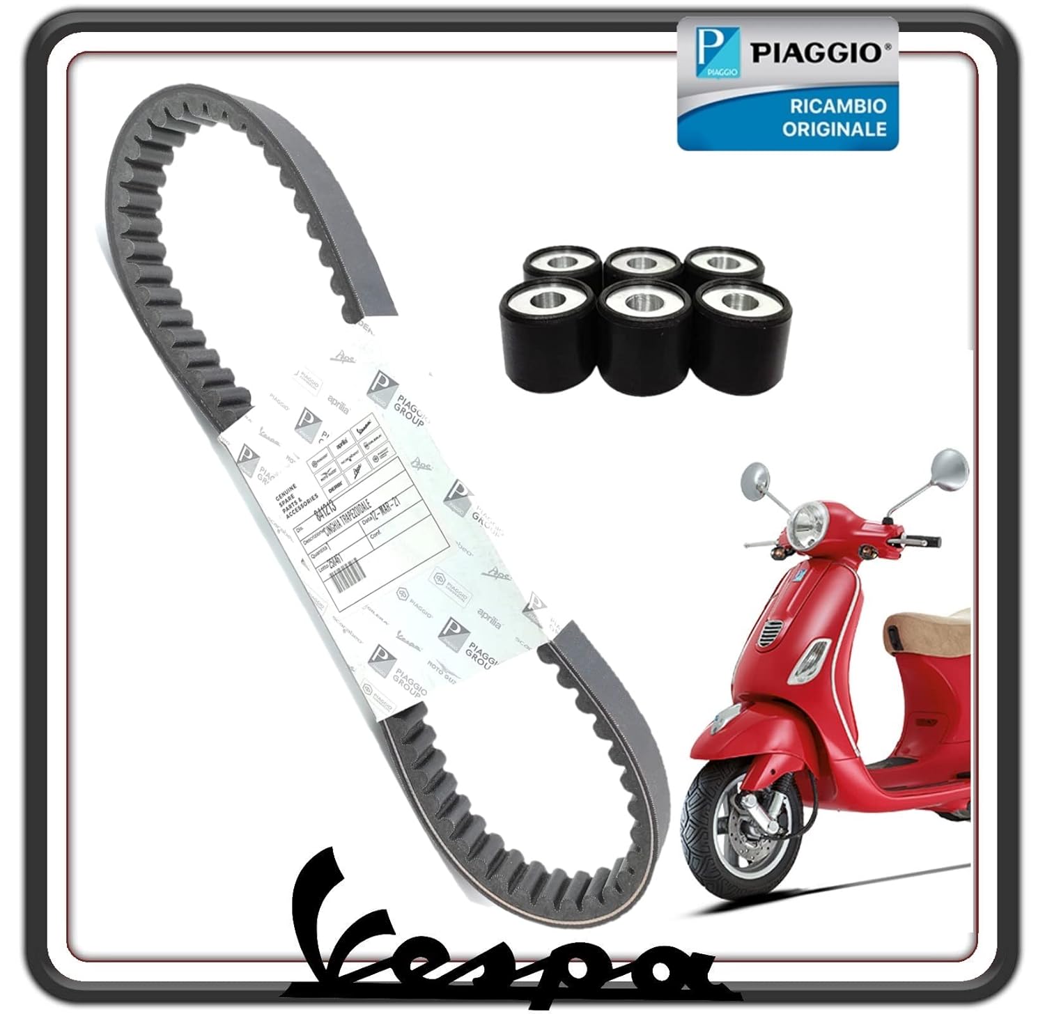 CINGHIA TRASMISSIONE DISTRIBUZIONE PER PIAGGIO VESPA LX 125 COMPLETA DI RULLI ORIGINALE PIAGGIO 841213 - CM1038035