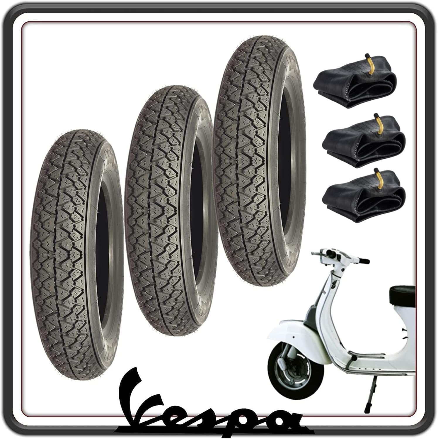 KIT 3 GOMME COPERTONE COPERTONI PNEUMATICI BATTISTRADA COPERTURA COPERTURE COMPATIBILI PER PIAGGIO VESPA 125 PRIMAVERA - VESPA 50 SPECIAL - VESPA PK TUTTI I MODELLI - VESPA ET3 3.00 - 10 CON CAMERE D'ARIA.