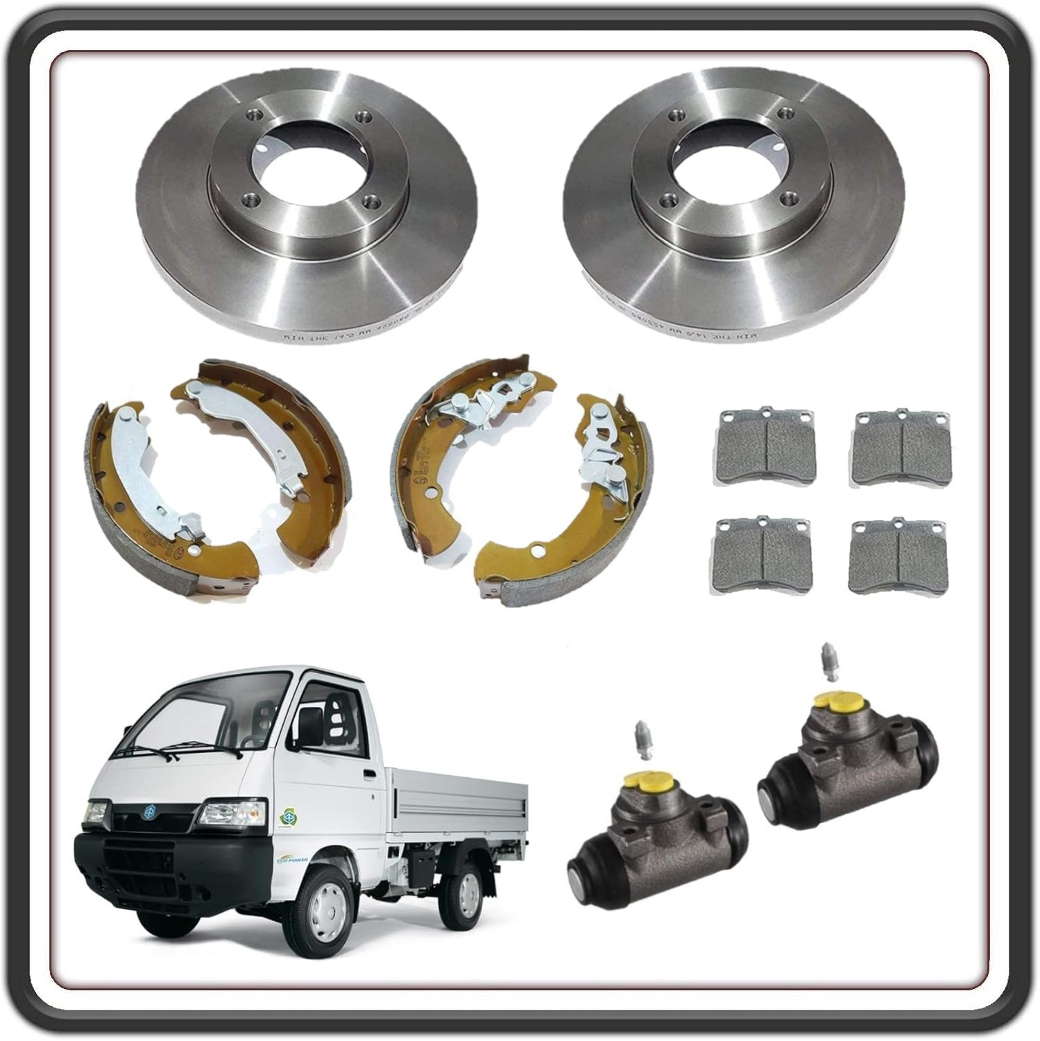 KIT GANASCE FRENO FRENI POSTERIORE COMPLETI DI 2 CILINDRETTI + DISCHI E PASTIGLIE FRENO COMPATIBILE CON PIAGGIO PORTER 1300 16V FINO AL 2009 DAIHATSU - PIAGGIO PORTER 1200 - 1400 DIESEL FINO AL 2009.
