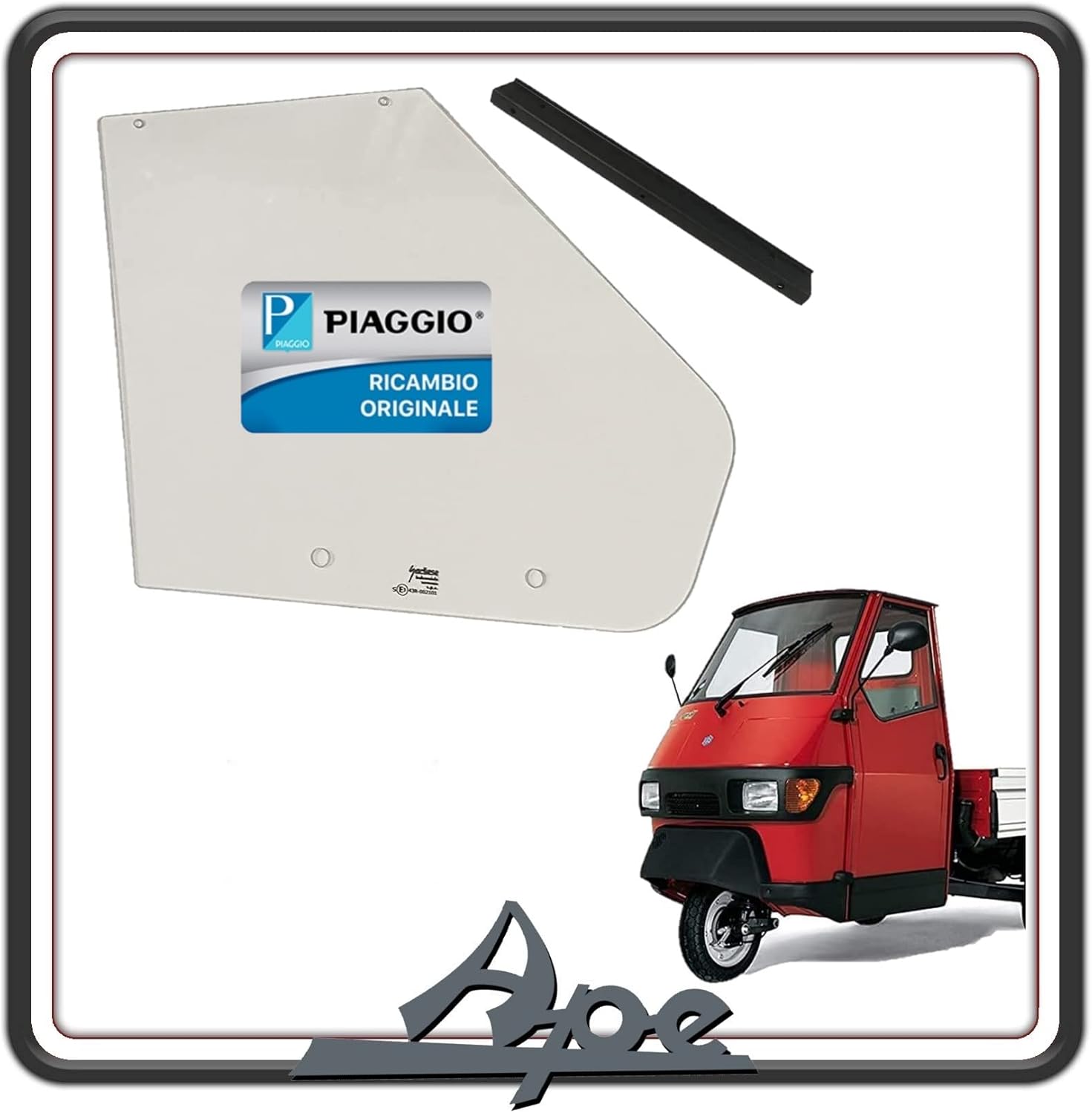 VETRO CRISTALLO FINESTRINO PORTELLO ANTERIORE LATO DESTRO COMPLETO DI PROFILATO GUARNIZIONE DI SOSTEGNO PER PIAGGIO APE 50 ORIGINALE PIAGGIO
