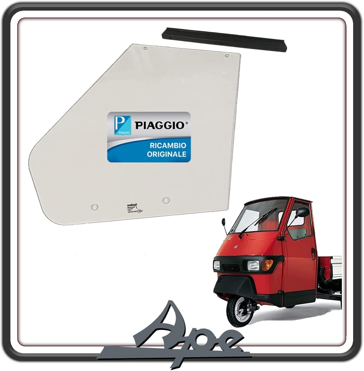 VETRO CRISTALLO FINESTRINO PORTELLO ANTERIORE LATO SINISTRO COMPLETO DI PROFILATO GUARNIZIONE DI SOSTEGNO PER PIAGGIO APE 50 ORIGINALE PIAGGIO