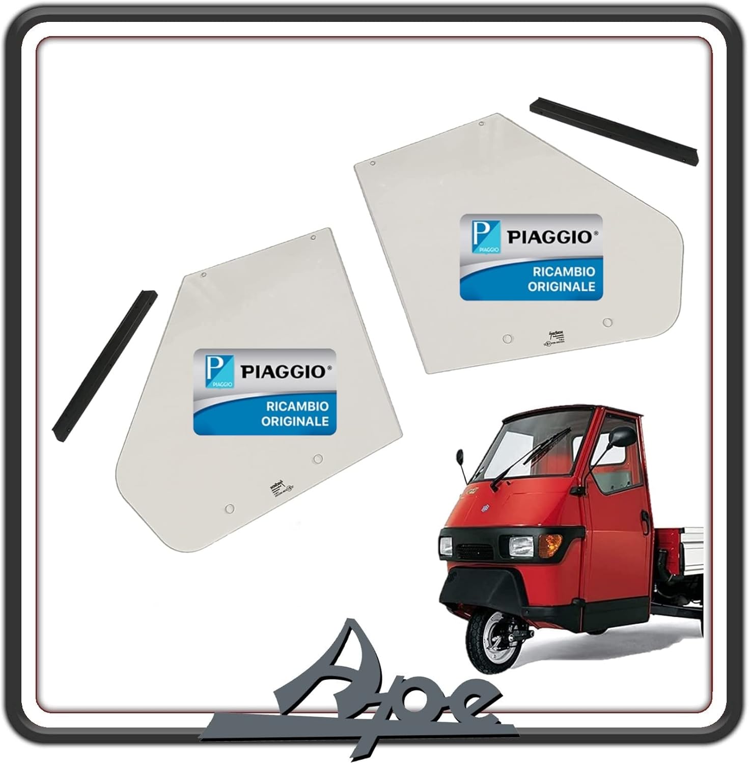 KIT COPPIA DUE VETRO CRISTALLO FINESTRINO PORTELLO ANTERIORE LATO DETRO E SINISTRO COMPLETO DI PROFILATO GUARNIZIONE DI SOSTEGNO PER PIAGGIO APE 50 ORIGINALI PIAGGIO