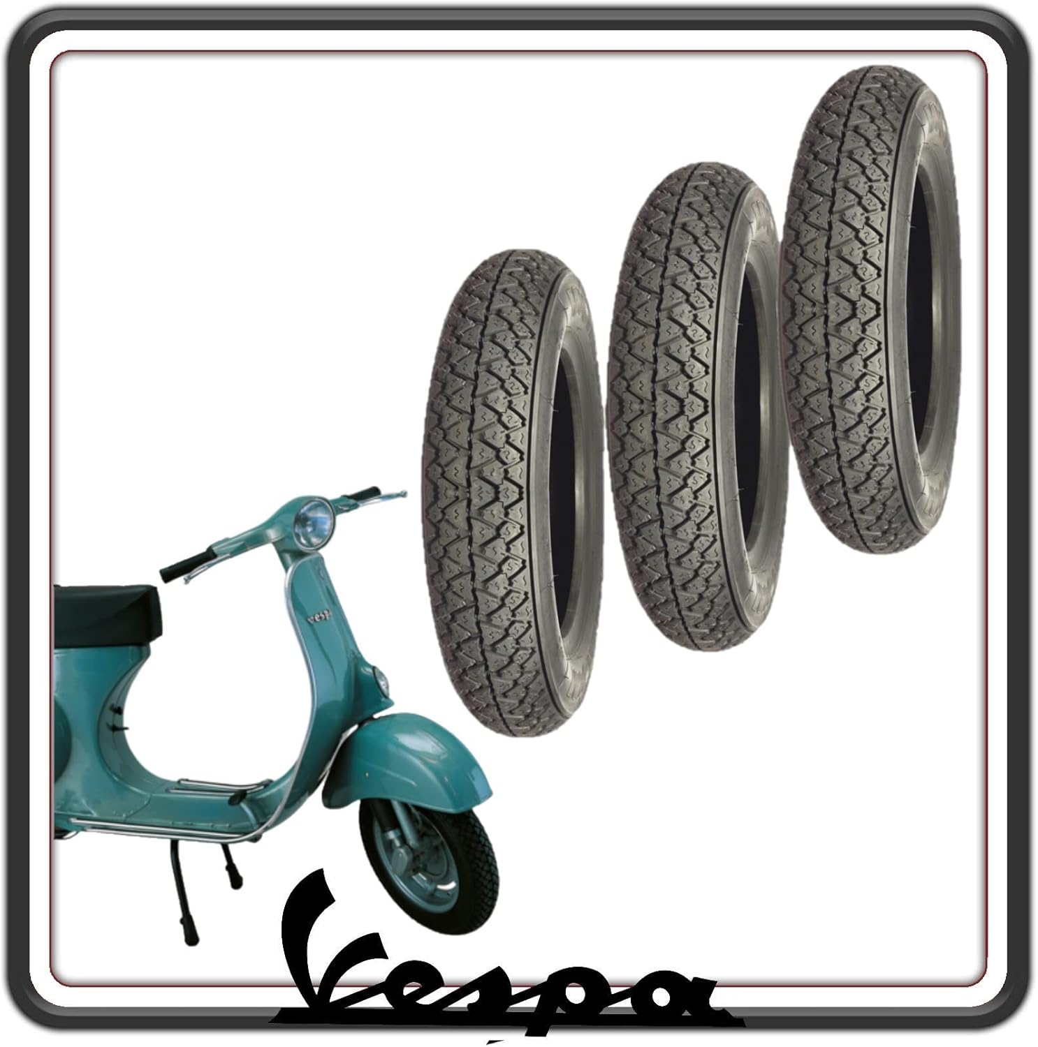 KIT TRE PNEUMATICO PNEUMATICI COPERTONE COPERTONI GOMMA GOMME COPERTURE PER VESPA 50 N - L - R CON FARO TONDO.