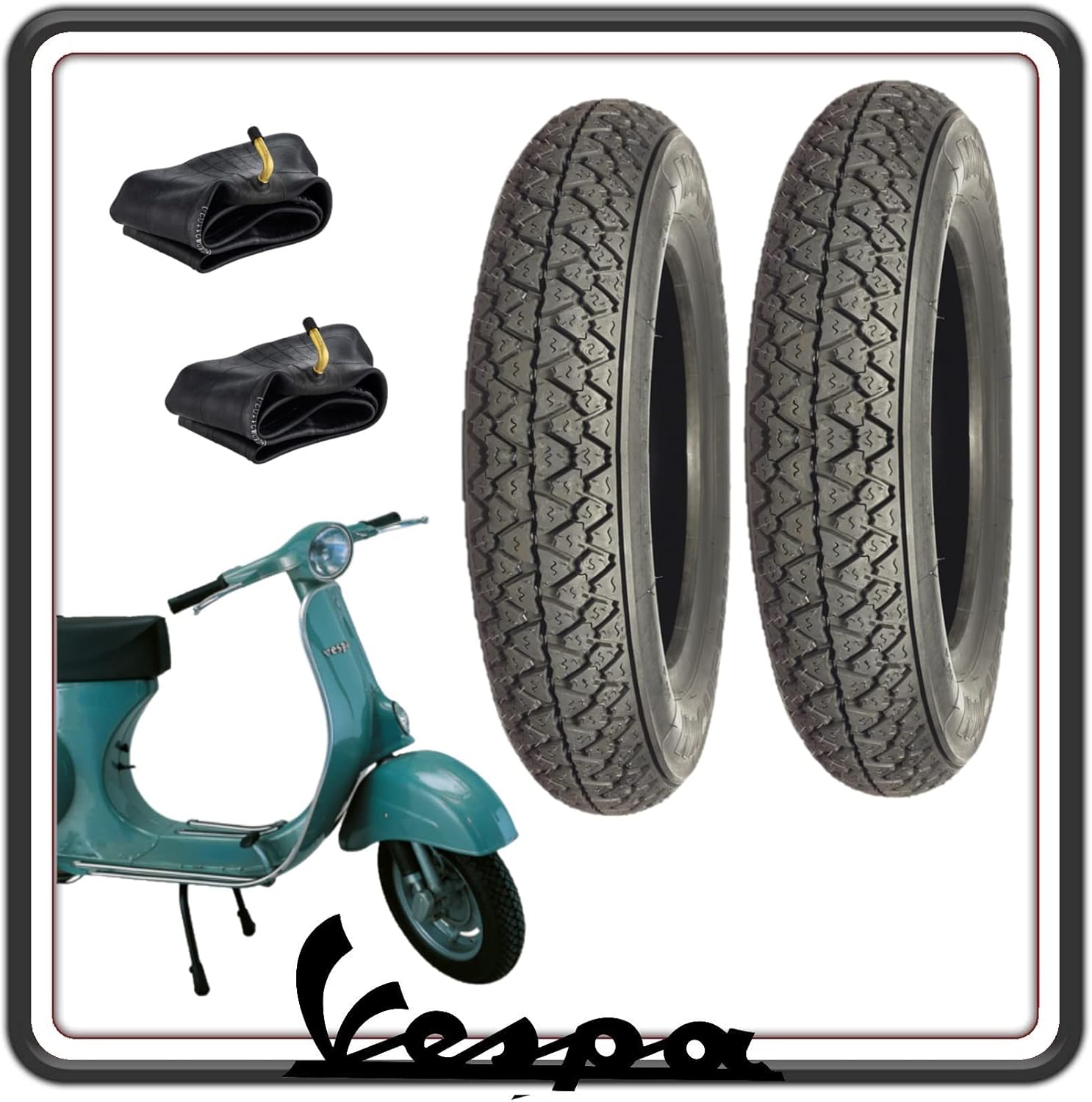 KIT DUE PNEUMATICO PNEUMATICI COPERTONE COPERTONI GOMMA GOMME COPERTURE PER VESPA 50 N - L - R CON FARO TONDO CON CAMERE D'ARIA.