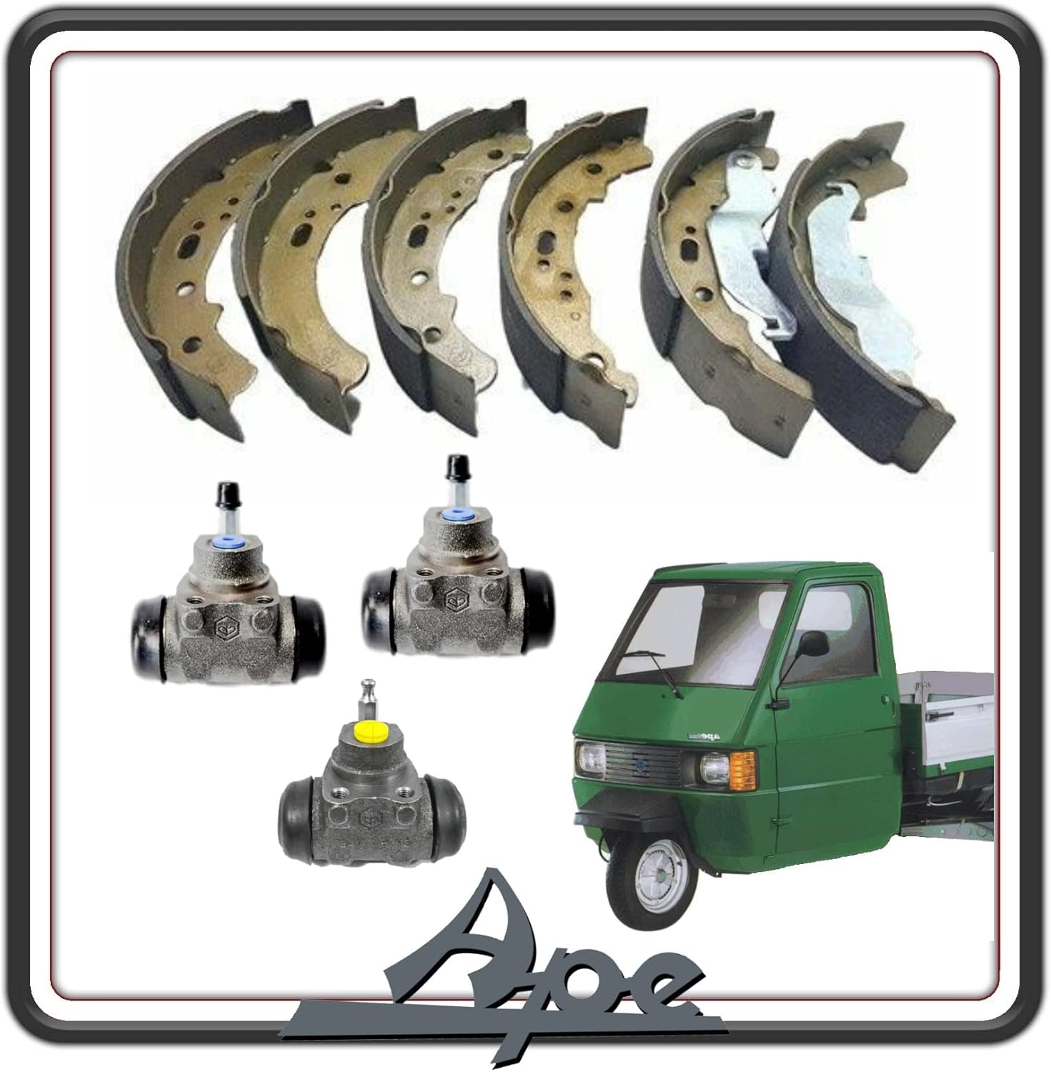 KIT GANASCE CEPPI FRENO FRENI POSTERIORE POSTERIORI + GANASCE ANTERIORI E TRE CILINDRETTI FRENO COMPATIBILE PER PIAGGIO APE 703 BENZINA E DIESEL TUTTE LE VERSIONI - APE 602 - APE CAR MAX DIESEL