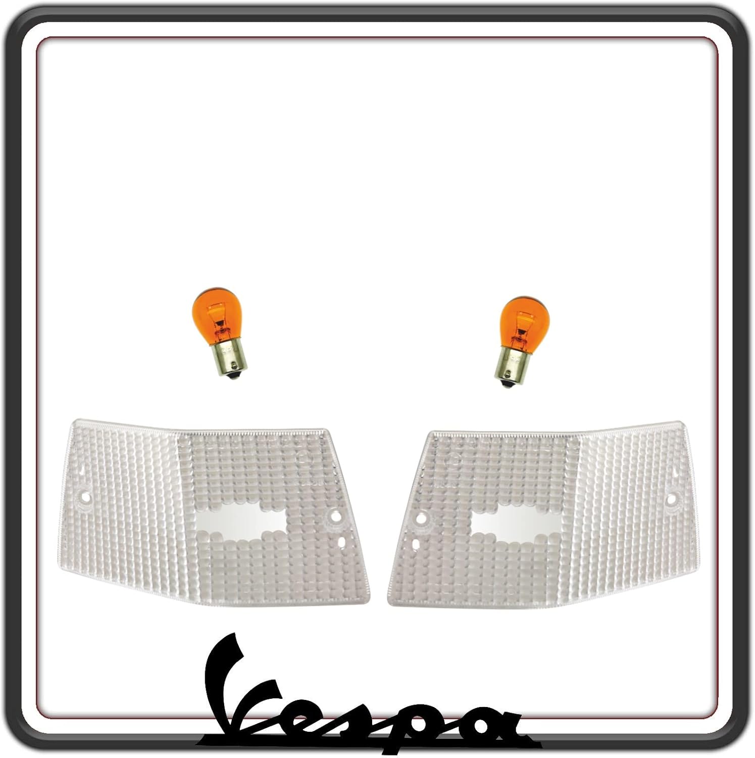 KIT COPPIA DUE GEMMA GEMME PLASTICA VETRINO FRECCIA POSTERIORI BIANCHE COMPLETO DI LAMPADINE PER VESPA PX 125 150 200 - VESPA ARCOBALENO
