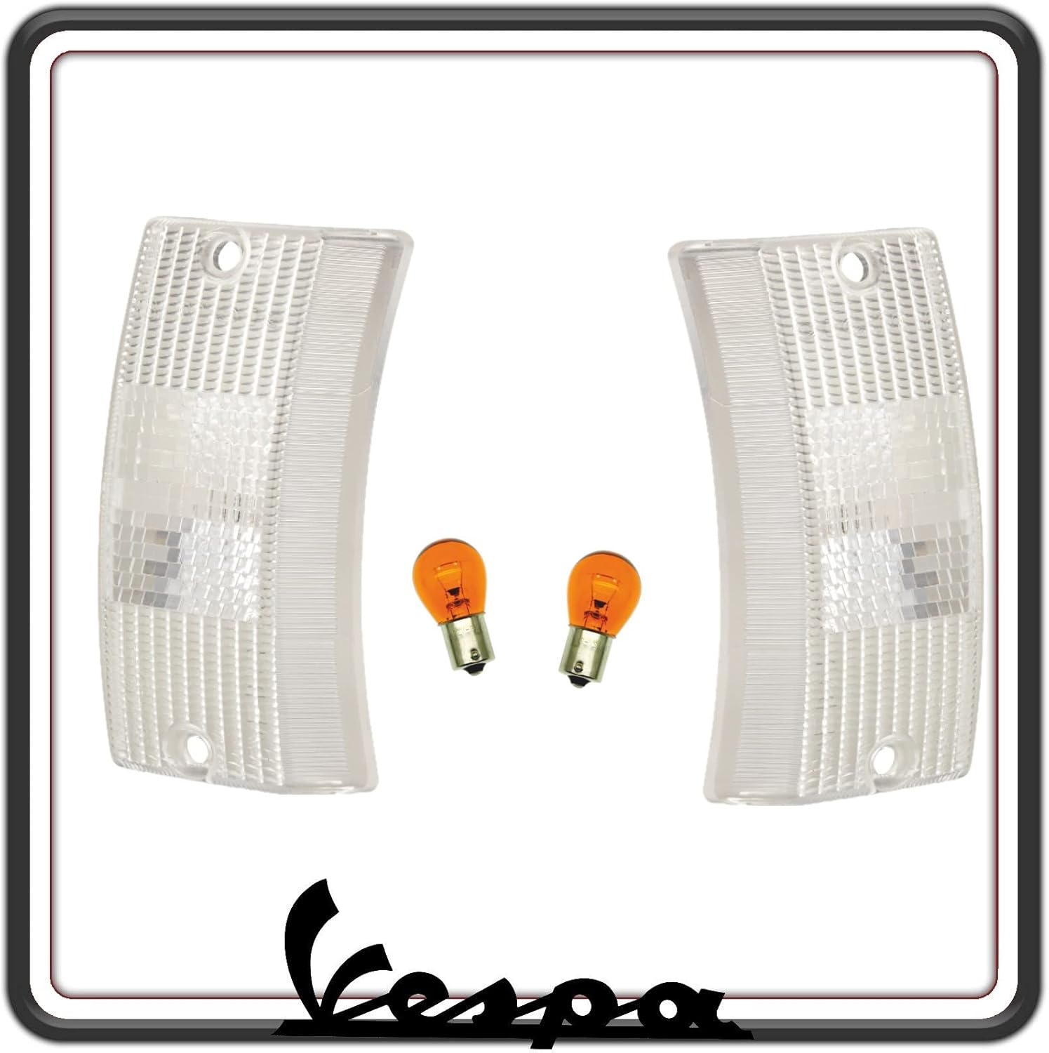 KIT COPPIA DUE GEMMA GEMME PLASTICA VETRINO FRECCIA FRECCE ANTERIORI BIANCHE COMPLETE DI LAMPADINE PER VESPA PX 125 150 200 - VESPA ARCOBALENO