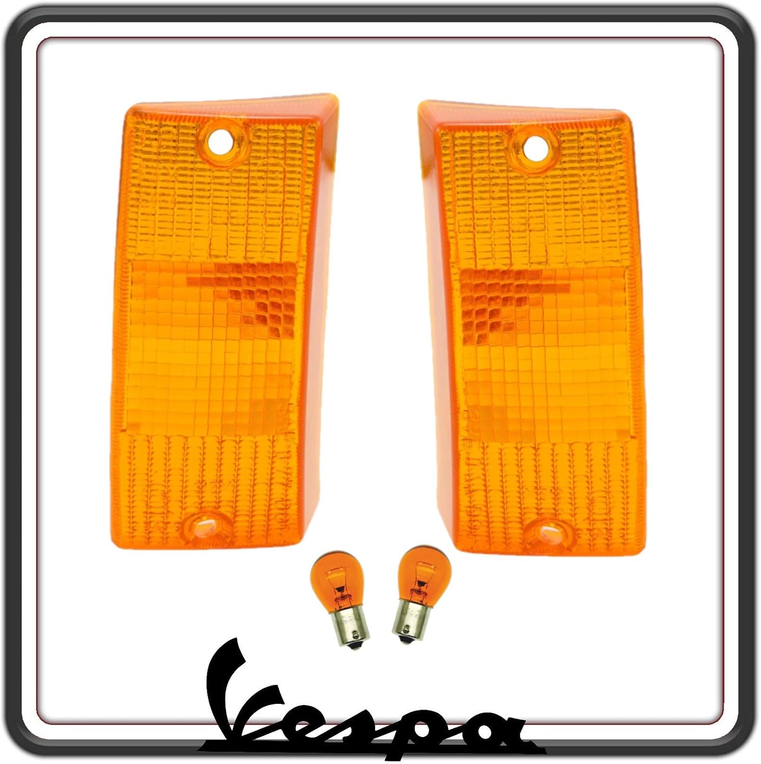 KIT COPPIA DUE GEMMA GEMME PLASTICA VETRINO FRECCIA FRECCE ANTERIORI ARANCIO COMPLETE DI LAMPADINE PER VESPA PX 125 150 200 - VESPA ARCOBALENO