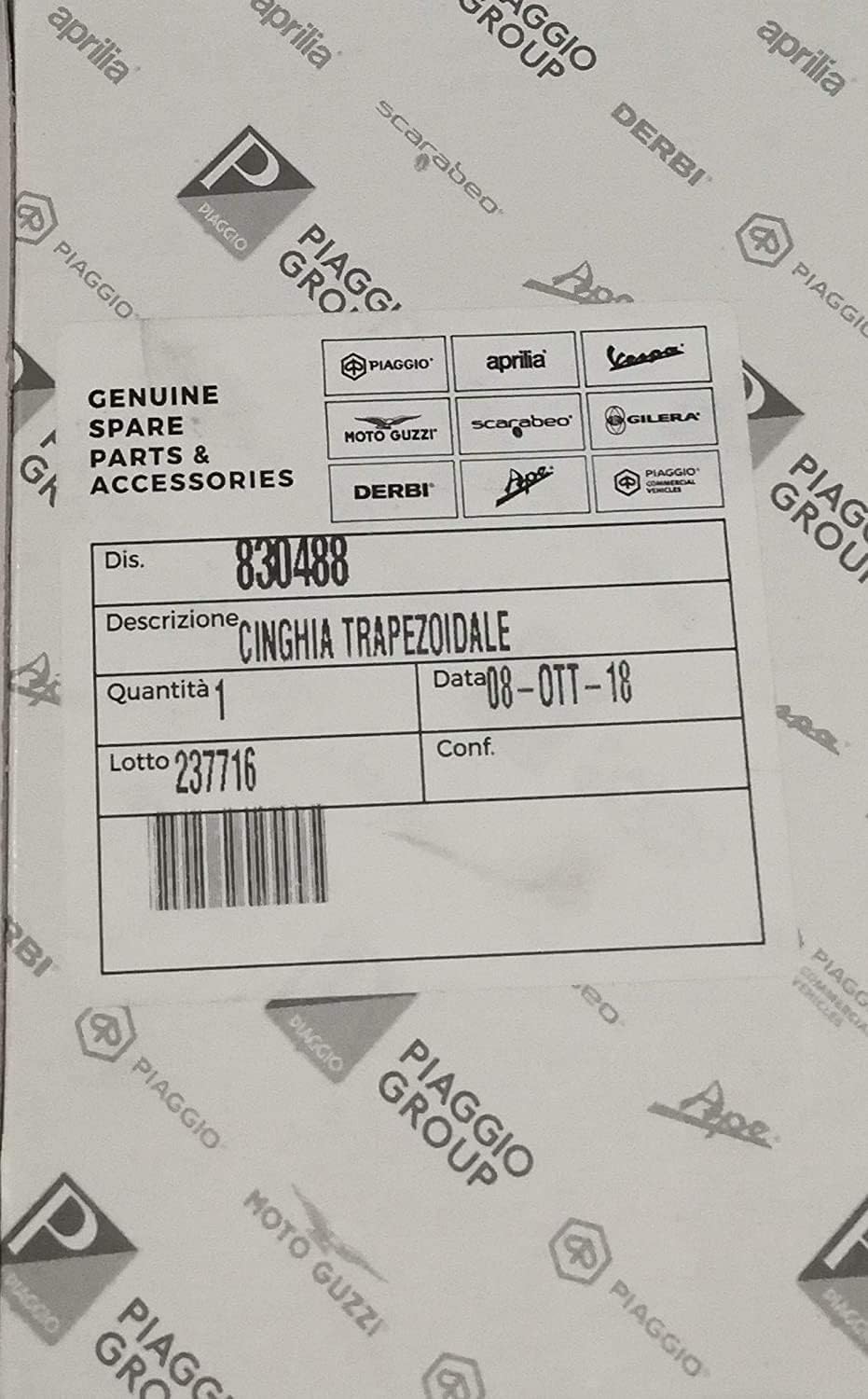 CINGHIA TRASMISSIONE DISTRIBUZIONE TRAPEZOIDALE ORIGINALE PER PIAGGIO VESPA LX 50 2T - LX 50 4T - PIAGGIO ZIP ORIGINALE PIAGGIO 830488