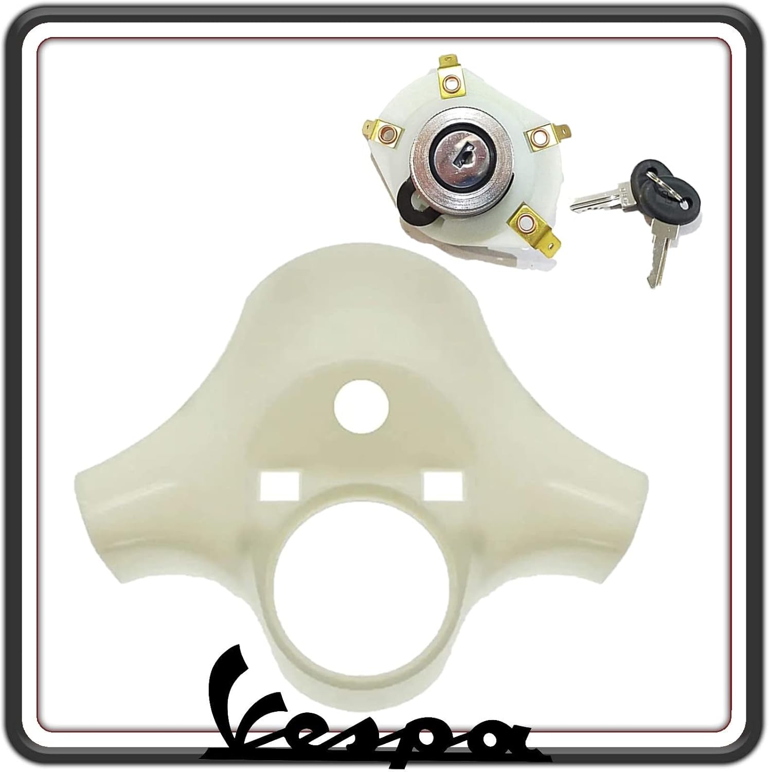 COPRIMANUBRIO COPRI MANUBRIO COPERCHIO MANUBRIO GREZZO COMPATIBILE CON PIAGGIO VESPA PX - PE PRIMA SERIE 3 FORI COMPLETO DI QUADRO CHIAVE SERRATURA