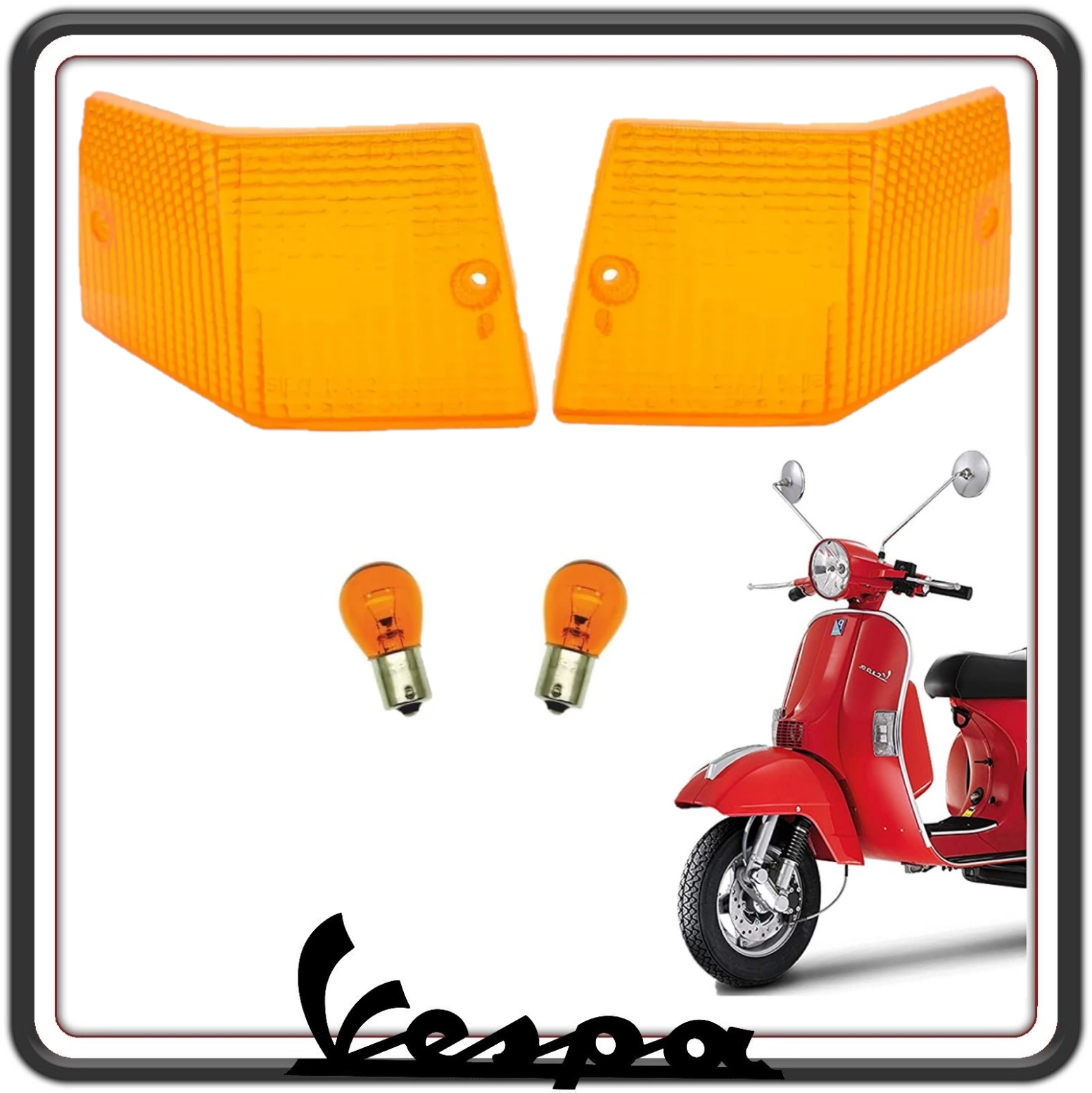 KIT COPPIA DUE GEMMA GEMME PLASTICA PLASTICHE VETRINO FRECCIA POSTERIORI ARANCIO COMPLETO DI LAMPADINE COMPATIBILE PER VESPA PX 125 150 200 - VESPA ARCOBALENO