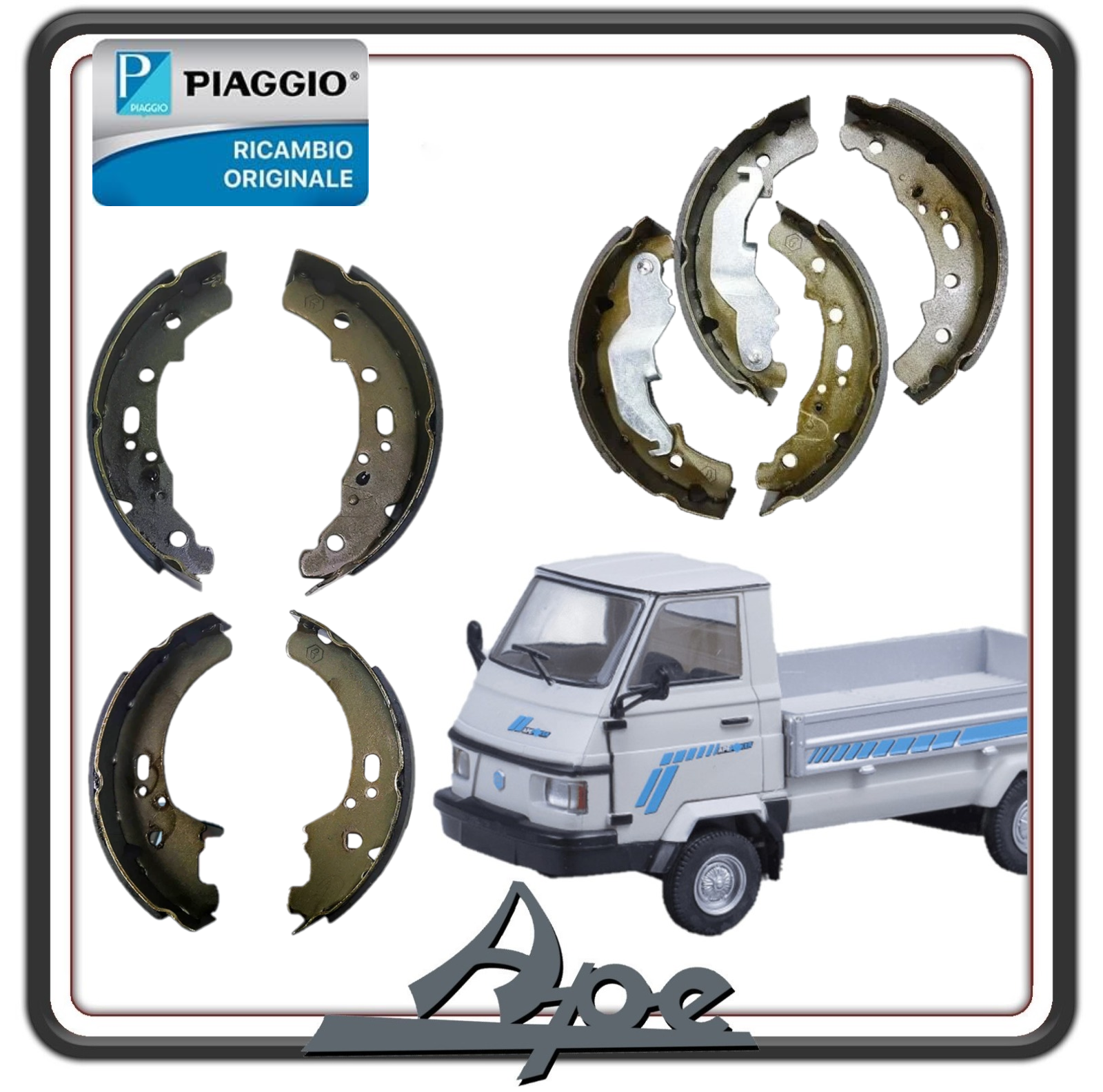 KIT IMPIANTO FRENANTE COMPLETO GANASCE ANTERIORI E GANASCE POSTERIORI PER PIAGGIO APE POKER BENZINA E DIESEL TUTTI I MODELLI - PIAGGIO QUARGO MODELLO FRENO A TAMBURO ORIGINALE PIAGGIO 2681615 - 2681605
