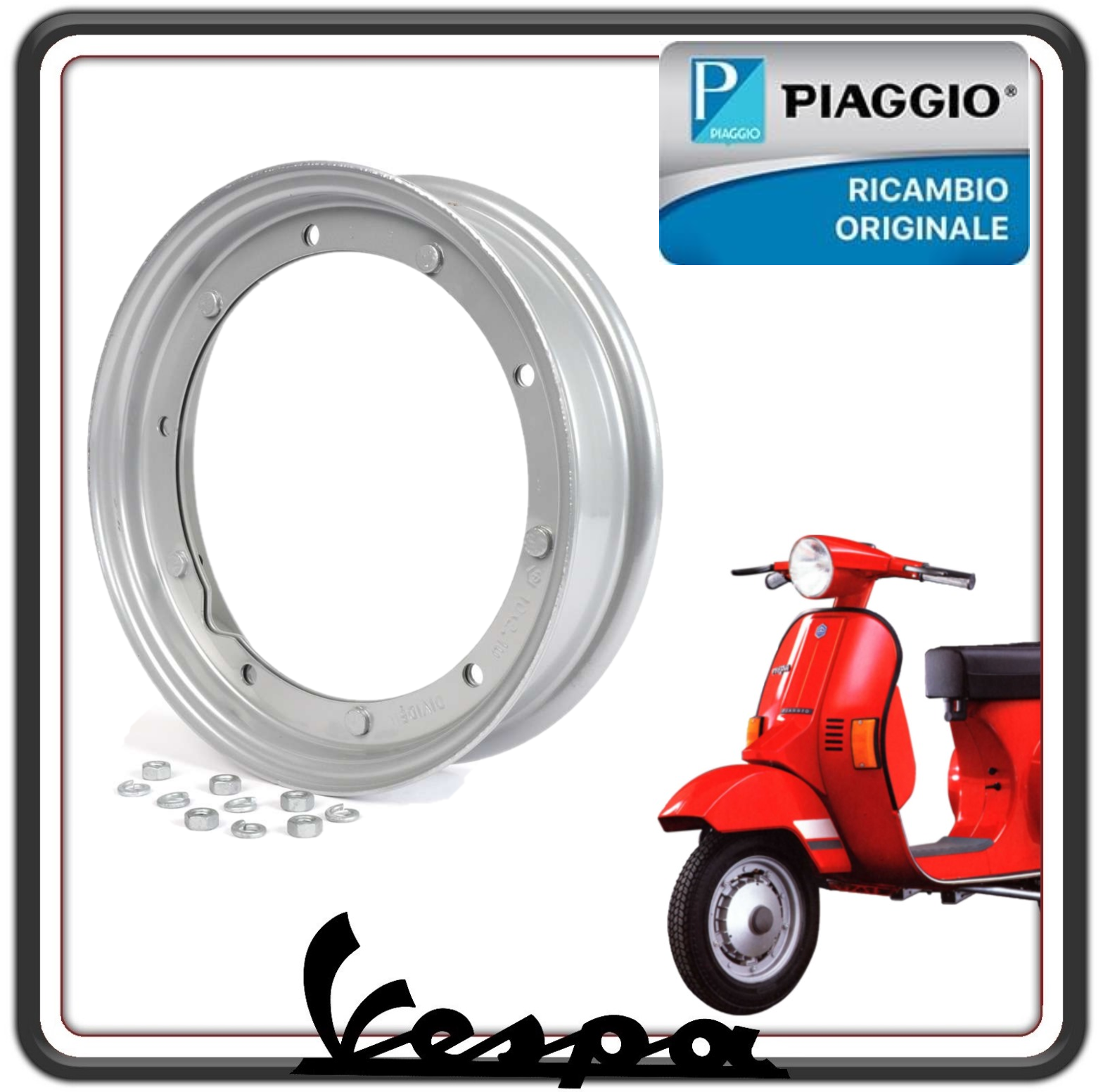 CERCHIO CERCHIONE COMPLETO PER PNEUMATICI DA 10 POLLICI 3.00-10 / 3.50-10 PER PIAGGIO VESPA 50 SPECIAL - VESPA PK - VESPA PX ORIGINALE PIAGGIO 0846315