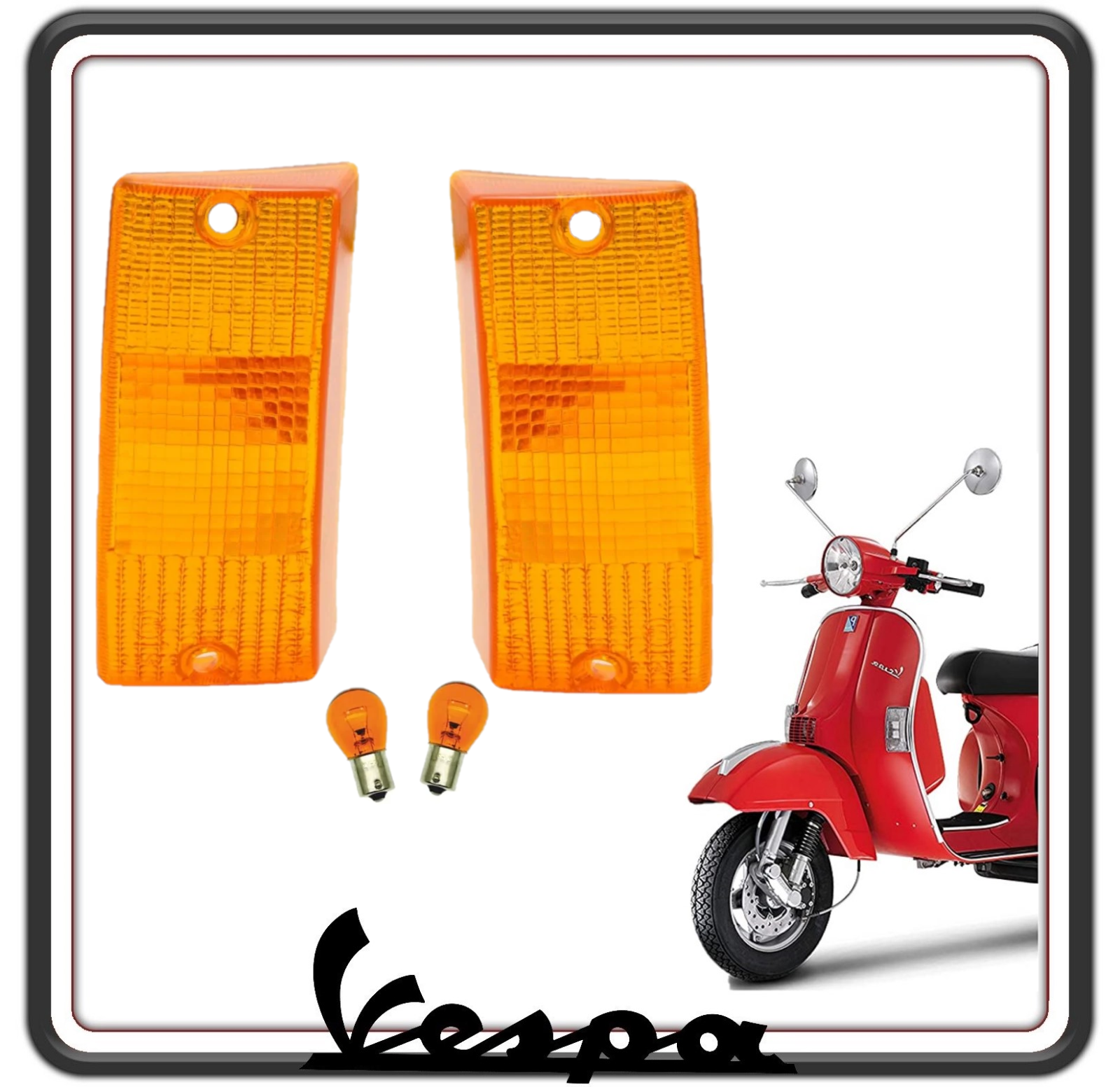 KIT COPPIA DUE GEMMA GEMME PLASTICA VETRINO FRECCIA FRECCE ANTERIORI ARANCIO COMPLETE DI LAMPADINE PER VESPA PX 125 150 200 - VESPA ARCOBALENO