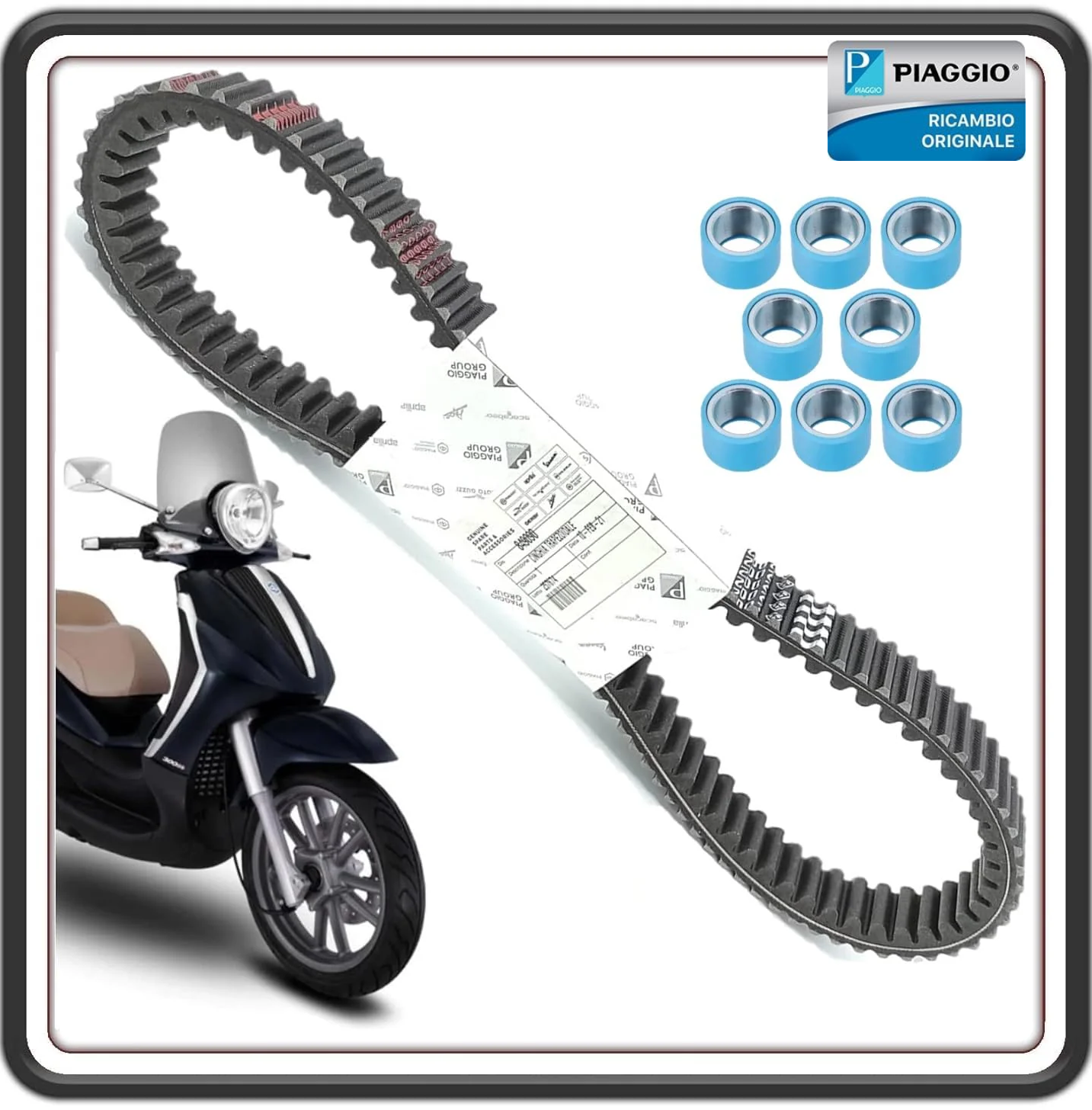 CINGHIA CINTURA TRASMISSIONE DISTRIBUZIONE ORIGINALE PER PIAGGIO BEVERLY 500 CRUISER DAL 2007 AL 2012 COMPLETA DI RULLI ORIGINALE PIAGGIO 830899 - 849090