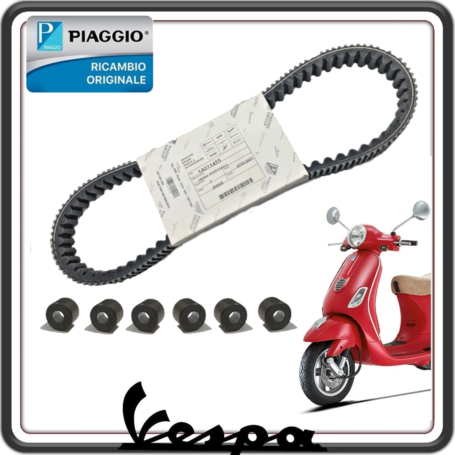 CINGHIA TRASMISSIONE DISTRIBUZIONE PER PIAGGIO VESPA LX 150 ie 4T 2012-2013 COMPLETA DI RULLI ORIGINALE PIAGGIO B016183 1A011455 -B017947