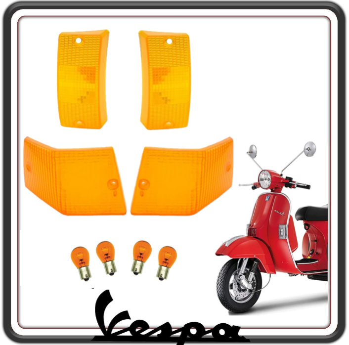 KIT COPPIA SET 4 GEMME GEMMA PLASTICA PLASTICHE VETRINO FRECCIA ANTERIORI E POSTERIORI ARANCIO COMPLETO DI LAMPADINE COMPATIBILE PER VESPA PX 125 150 200 - VESPA ARCOBALENO - VESPA LML.
