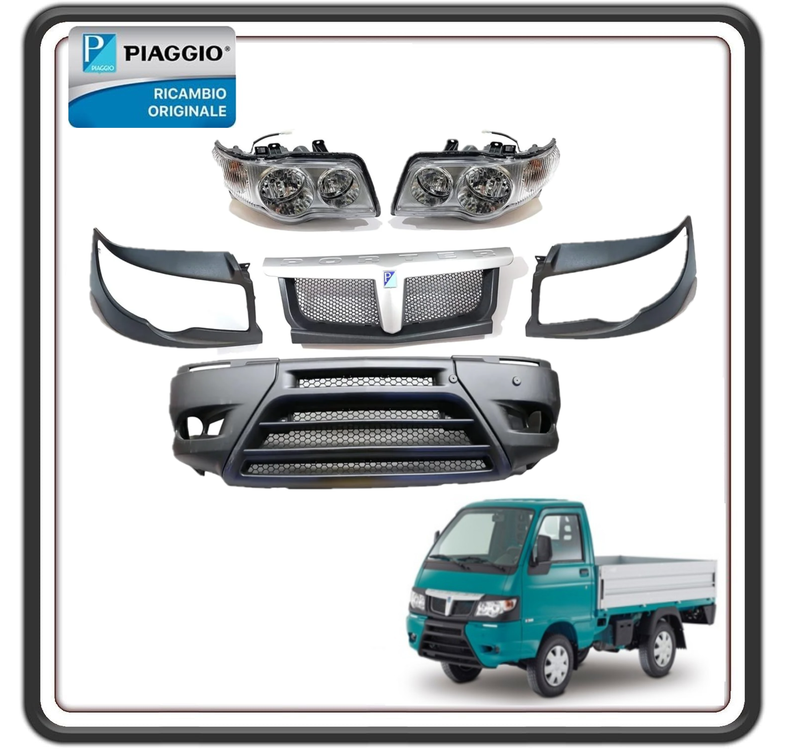 KIT PARAURTI ANTERIORE FARO FARI FRECCIA FRECCE INDICATORI DI DIREZIONE MASCHERA CENTRALE MASCHERA MASCHERE CORNICE FARO FARI PORTER DAL 2009 IN POI - PORTER MULTITECH - PORTER D120 ORIGINALE PIAGGIO 1E001096-B000965-B000831-B000832-1D002385 -1D002386
