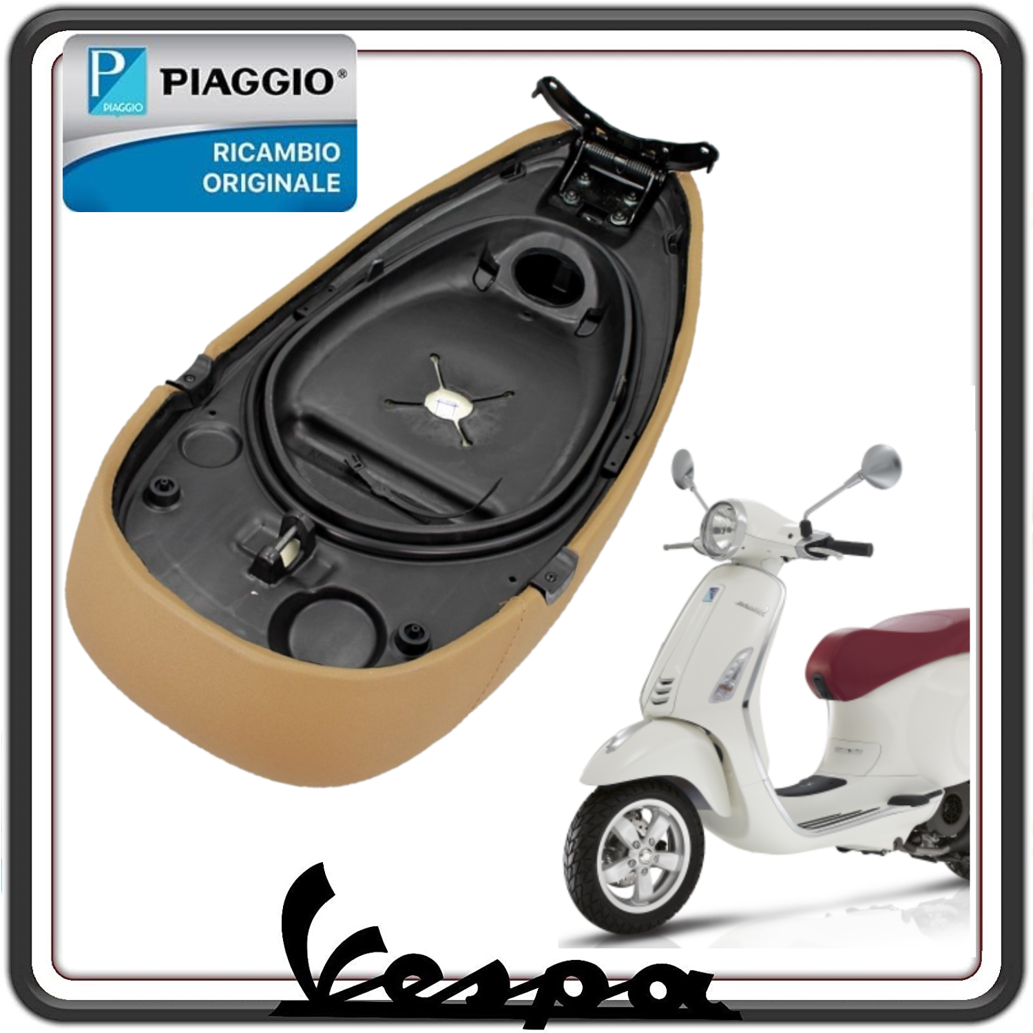 SELLA SEDILE MARRONE CHIARO COMPLETA DI CERNIERA PER PIAGGIO VESPA PRIMAVERA 125 DAL 2016 AL 2023 - VESPA PRIMAVERA 150 DAL 2016 AL 2023 ORIGINALE PIAGGIO 1B005212000C9