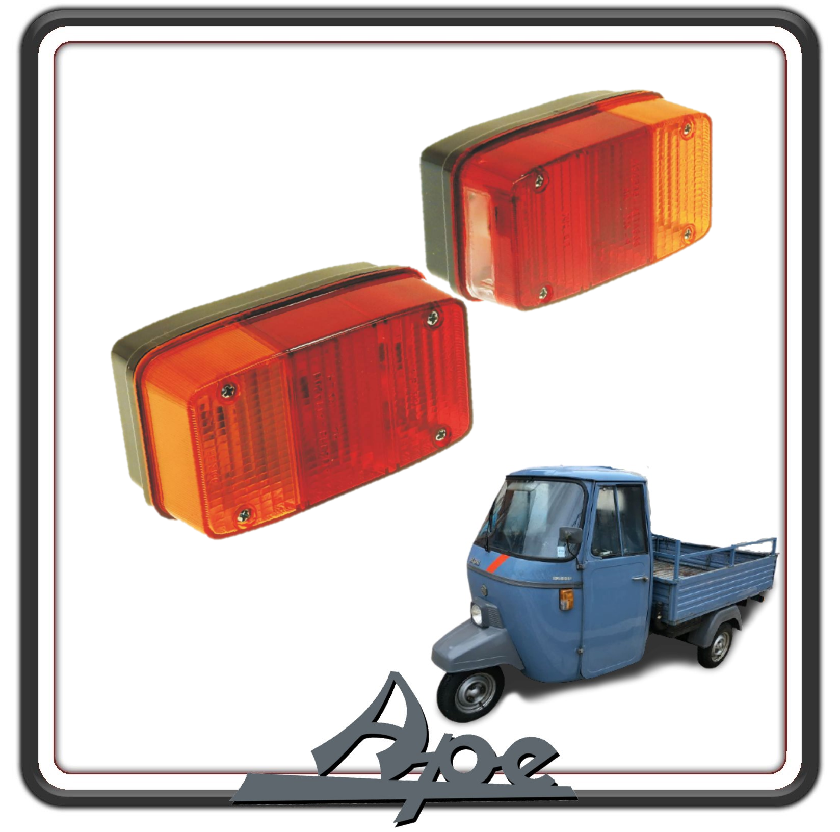 KIT COPPIA FANALI POSTERIORI COMPLETI COMPATIBILI PER PIAGGIO APE P 50 ELESTART (dal ‘84) - APE TM P50 DALL'1985 IN POI -APE CAR DAL 1964 AL 1967 -CAR P2 DAL 1967 AL 1974 - APE 400-400R-P401-P501-P601-P601V-MP 500-600-MPV 600