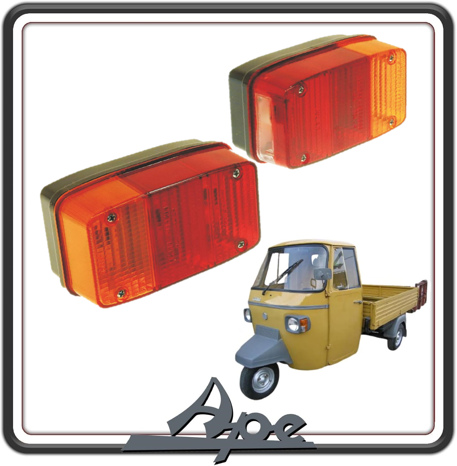 KIT COPPIA FANALI POSTERIORI COMPLETI COMPATIBILI PER PIAGGIO APE P 50 ELESTART (dal ‘84) - APE TM P50 DALL'1985 IN POI -APE CAR DAL 1964 AL 1967 -CAR P2 DAL 1967 AL 1974 - APE 400-400R-P401-P501-P601-P601V-MP 500-600-MPV 600