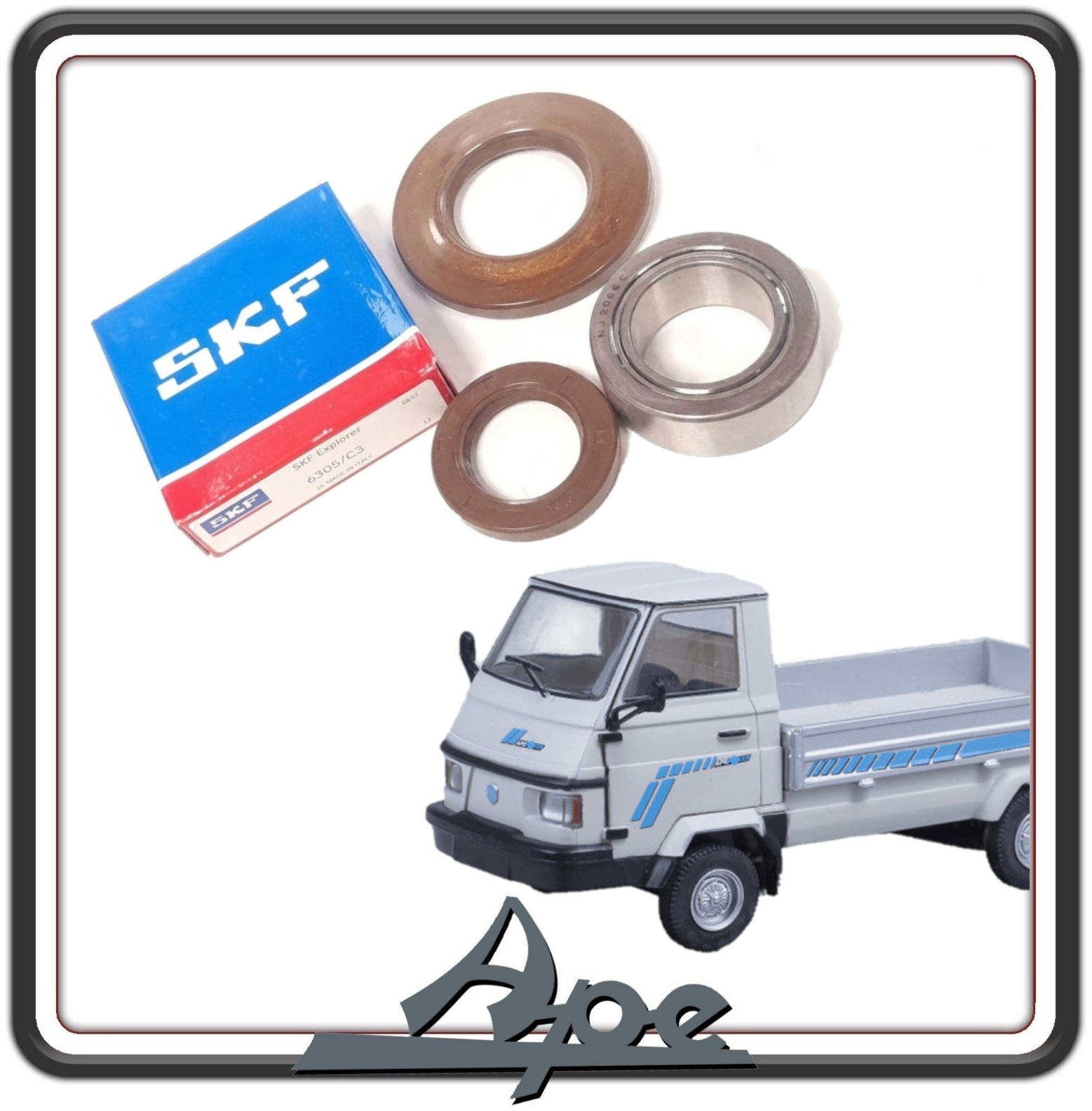 KIT REVISIONE ALBERO MOTORE CON CUSCINETTI DI BANCO E PARAOLI IN VITON PER PIAGGIO APE TM 703 - 602 - APE CAR P2 - P3