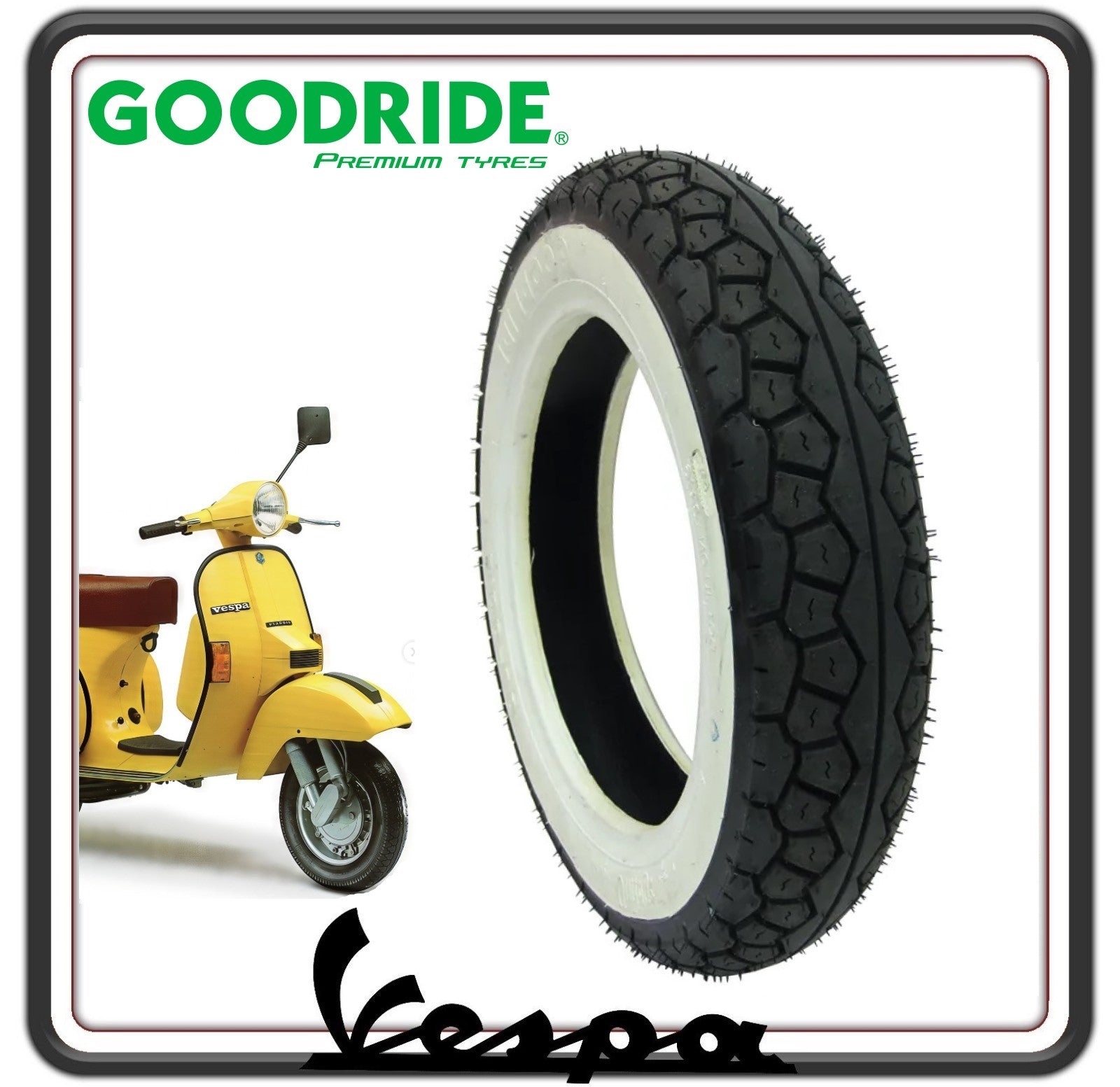 PNEUMATICO COPERTONE GOMMA BATTISTRADA COPERTURA MISURA 3.50 -10 PER VESPA PX TUTTI I MODELLI - VESPONE - VESPA ARCOBALENO CON FASCIA BORDO BIANCO.