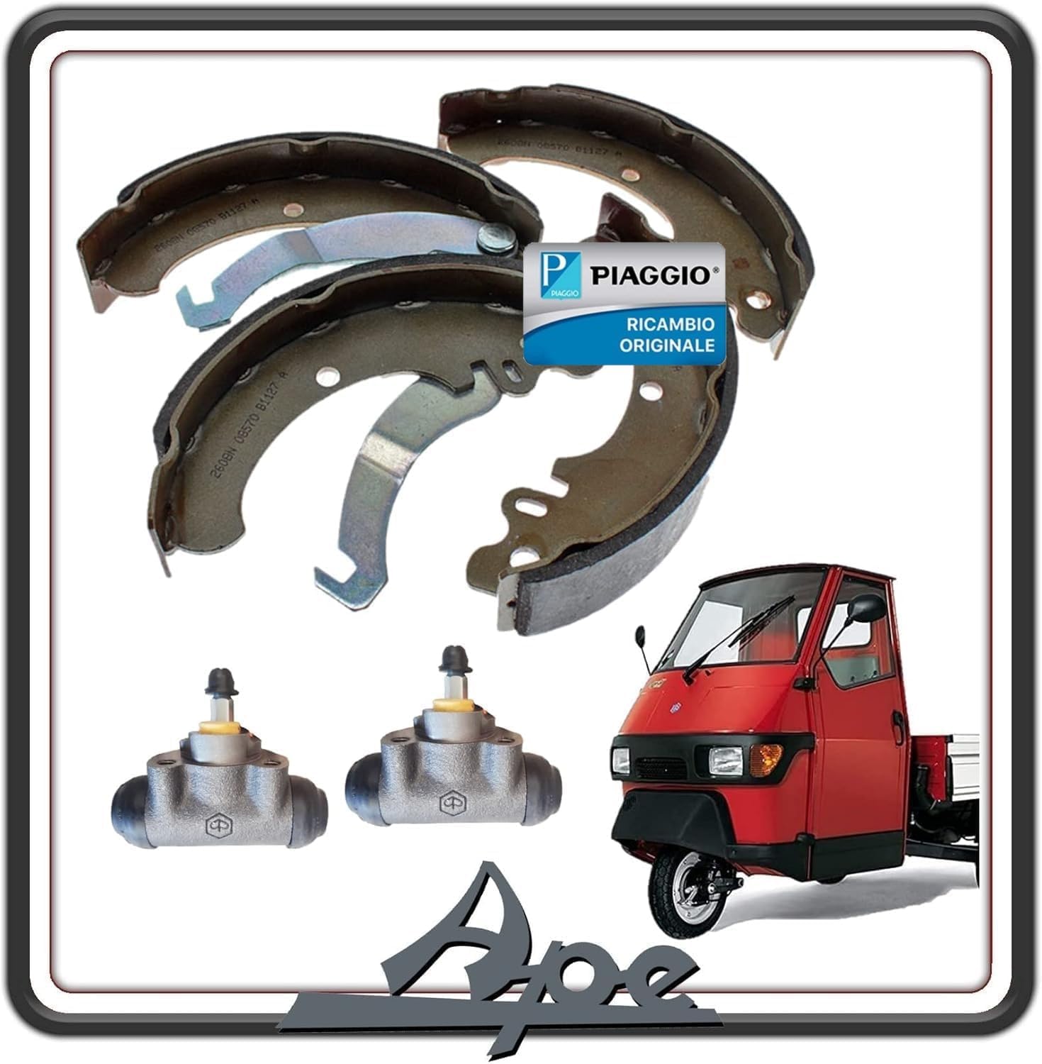 KIT COPPIA GANASCE FRENO FRENI POSTERIORI COMPLETO DI 2 CILINDRETTI FRENO PER PIAGGIO APE 50 TUTTI I MODELLI ORIGINALE PIAGGIO.