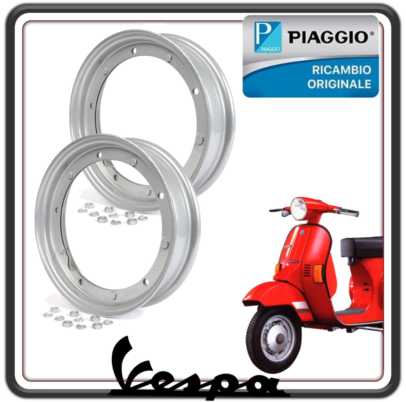 KIT 2 CERCHI CERCHIONI COMPLETI PER PNEUMATICI DA 10 POLLICI 3.00-10 / 3.50-10 PER PIAGGIO VESPA 50 SPECIAL - VESPA PK - VESPA PX ORIGINALE PIAGGIO 0846315